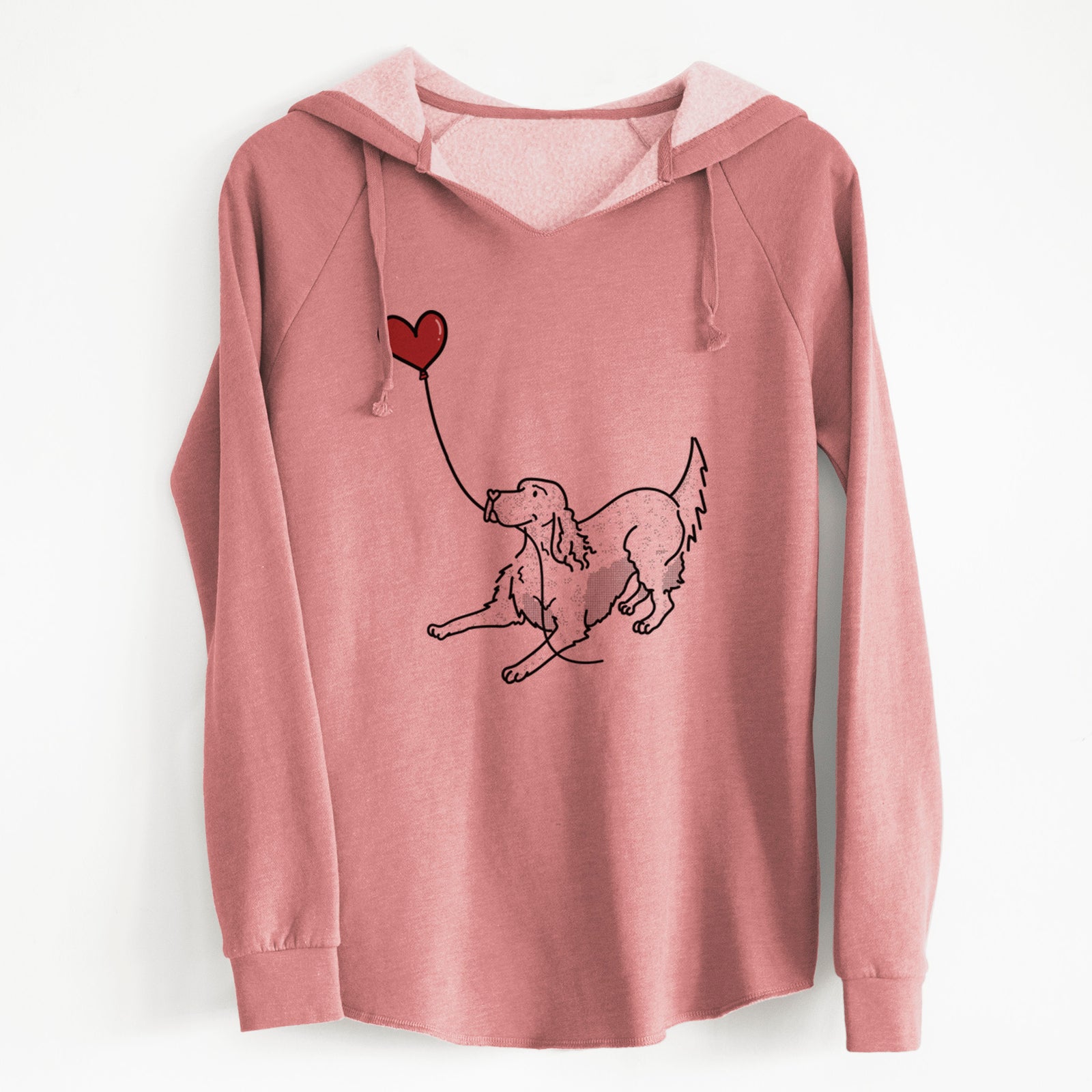 Minimalist line drawing of an English Setter Heart String holding a heart balloon on a Dusty Rose Cali Wave Hooded Sweatshirt