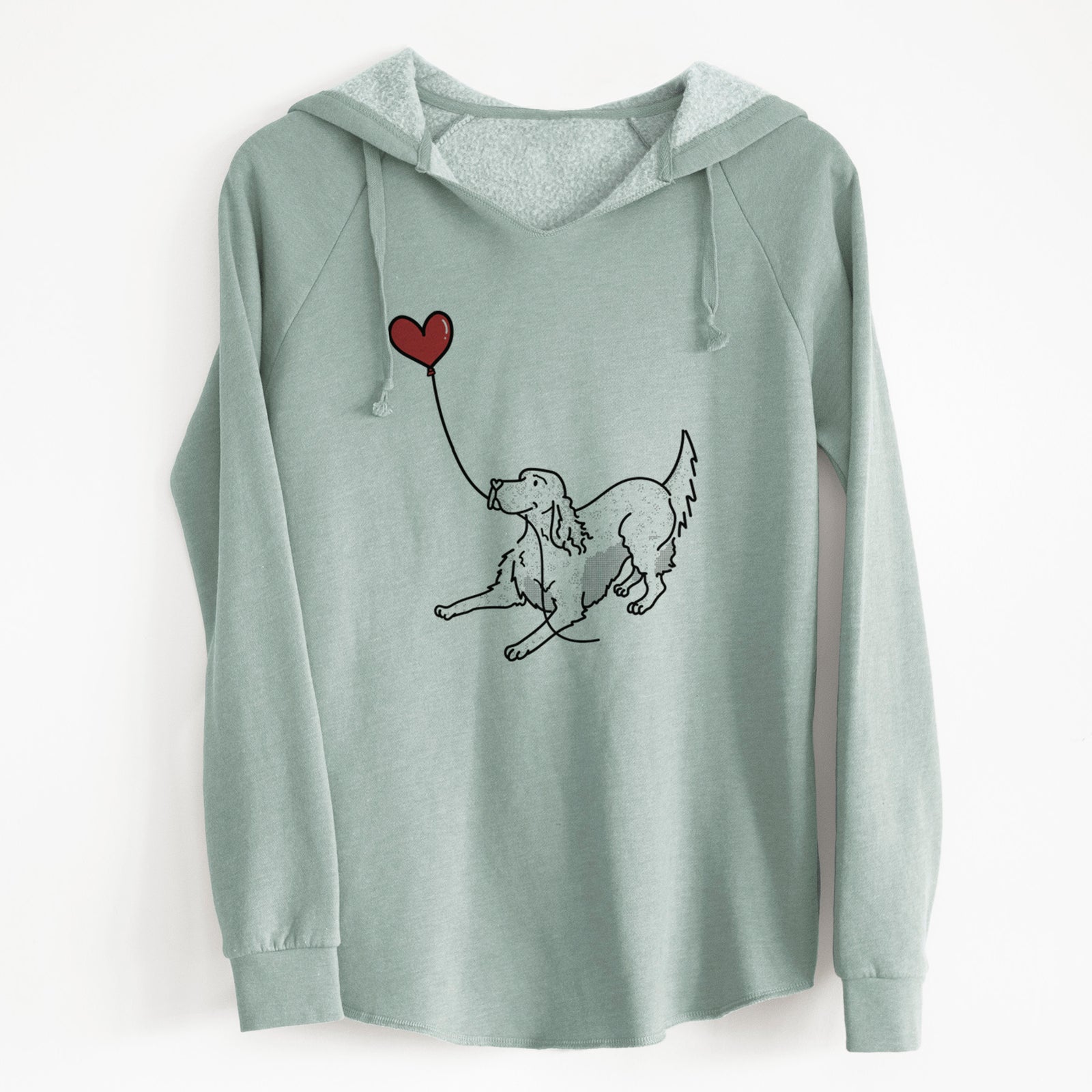 Minimalist line drawing of an English Setter Heart String holding a heart balloon on a Sage Cali Wave Hooded Sweatshirt
