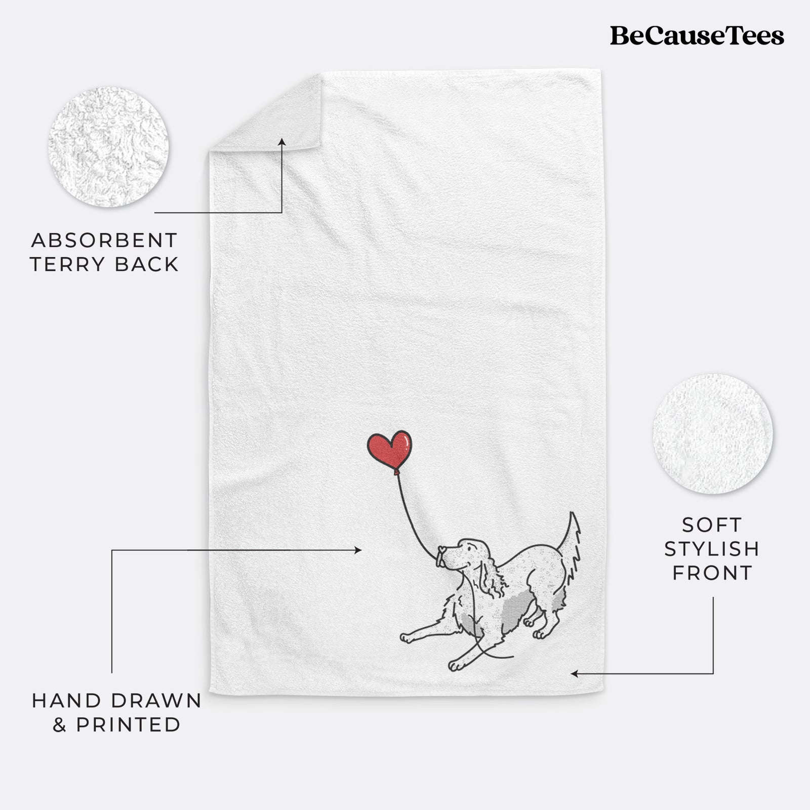 Minimalist line drawing of an English Setter Heart String holding a heart balloon on a decorative hand towel