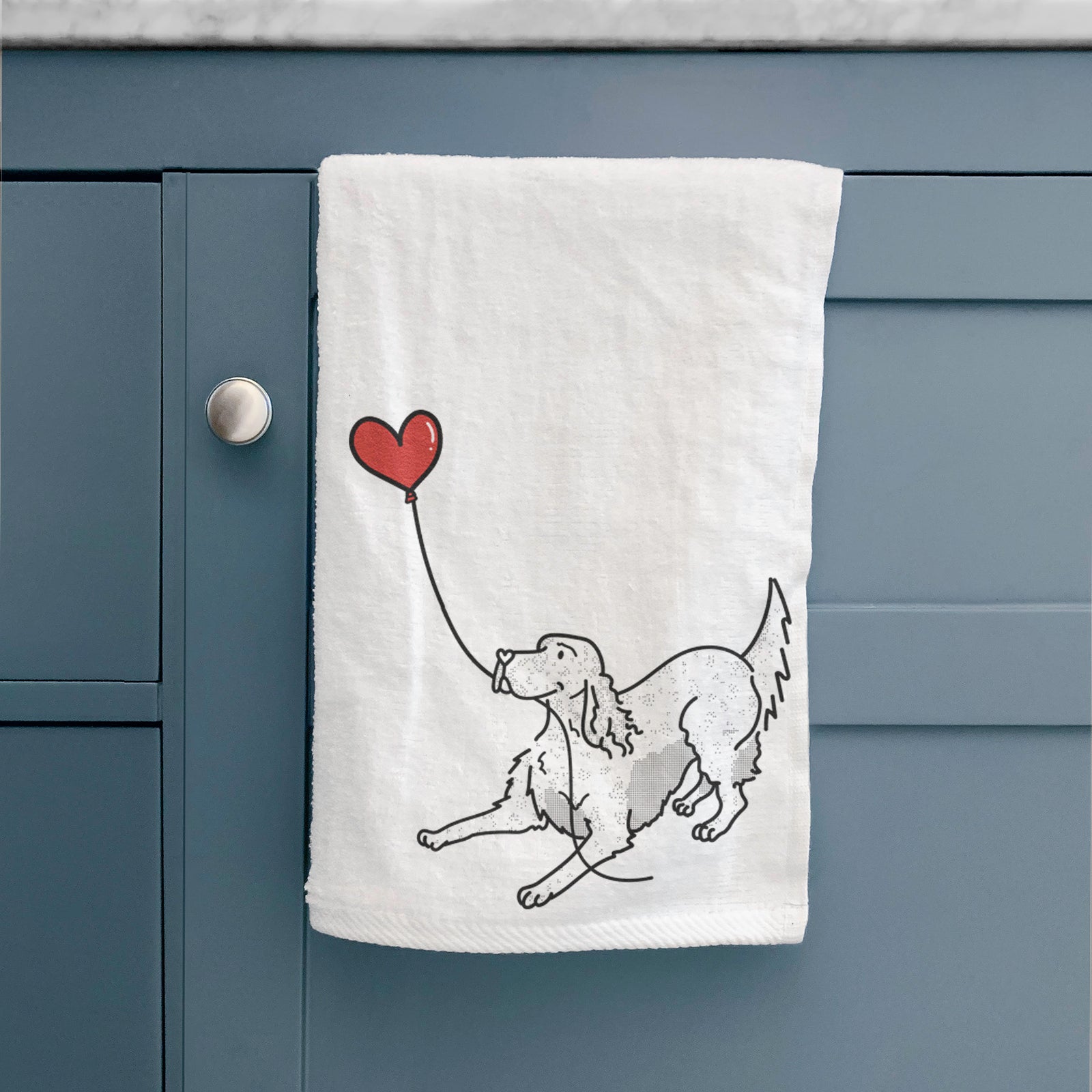 Minimalist line drawing of an English Setter Heart String holding a heart balloon on a decorative hand towel
