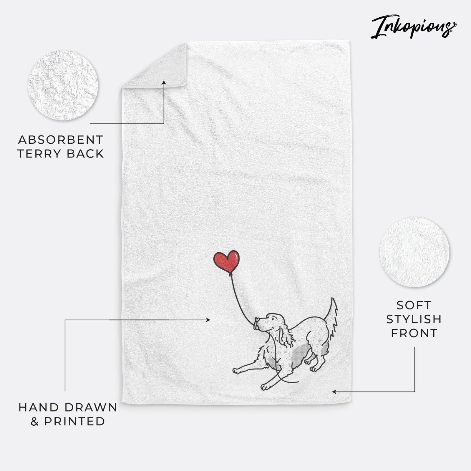 Minimalist line drawing of an English Setter Heart String holding a heart balloon on a decorative hand towel