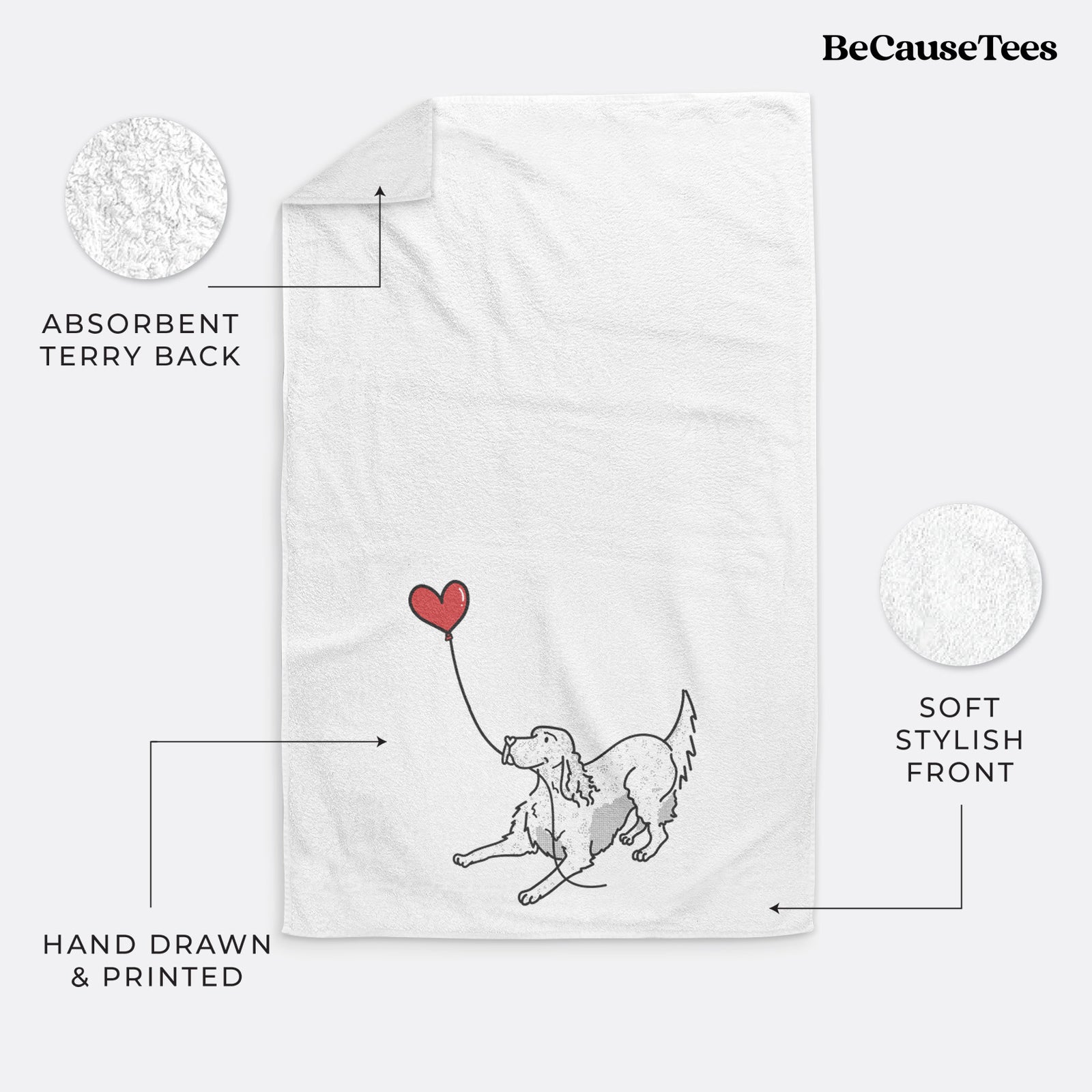Minimalist line drawing of an English Setter Heart String holding a heart balloon on a decorative hand towel