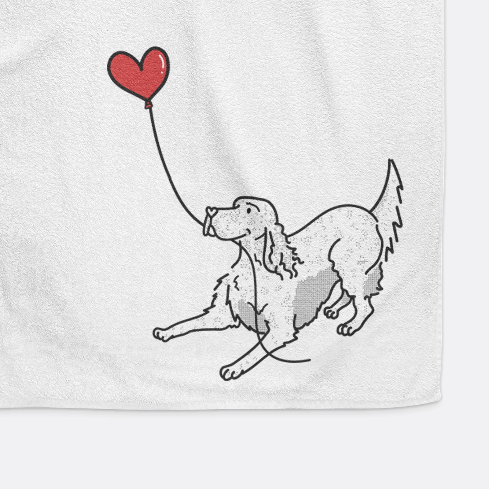 Minimalist line drawing of an English Setter Heart String holding a heart balloon on a decorative hand towel