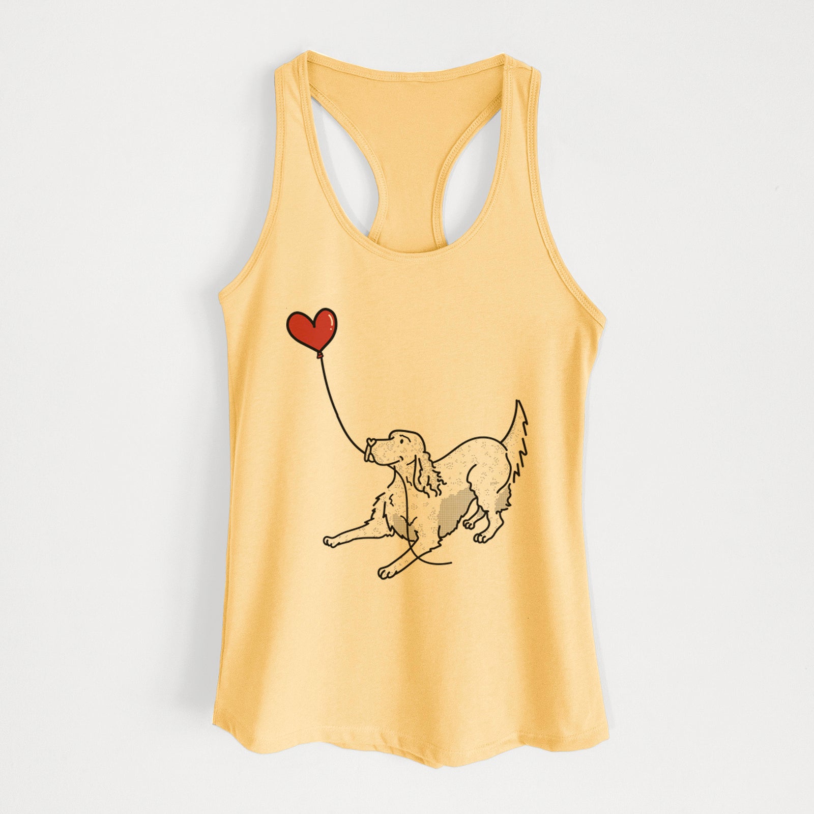 Minimalist line drawing of an English Setter Heart String holding a heart balloon on a Banana Cream Women's racerback tanktop