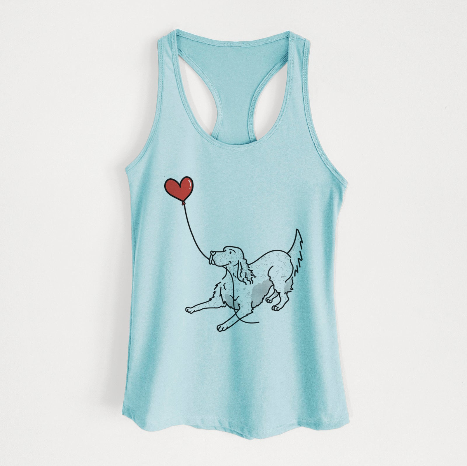 Minimalist line drawing of an English Setter Heart String holding a heart balloon on a Cancun Blue Women's racerback tanktop