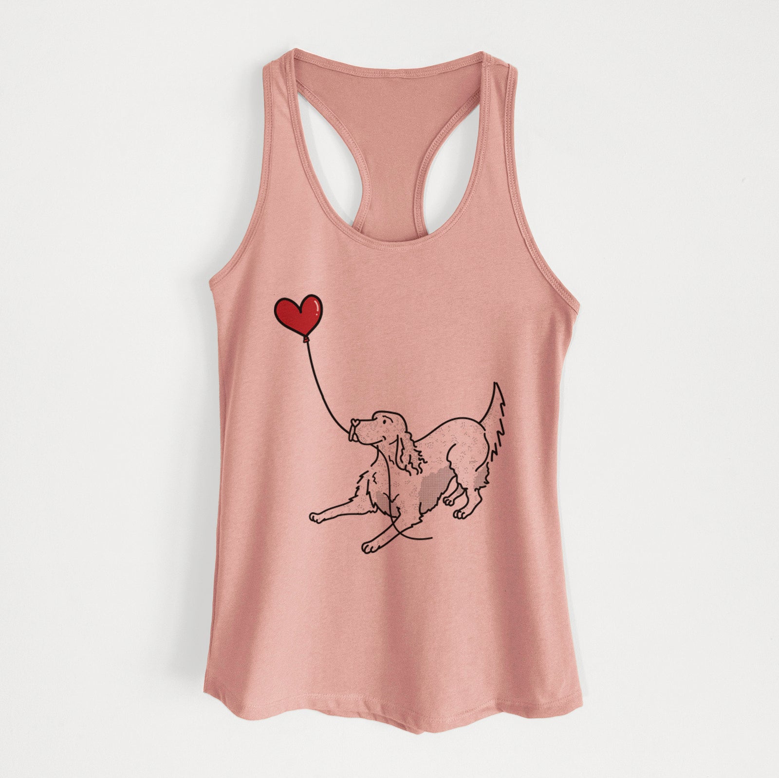 Minimalist line drawing of an English Setter Heart String holding a heart balloon on a Desert Pink Women's racerback tanktop