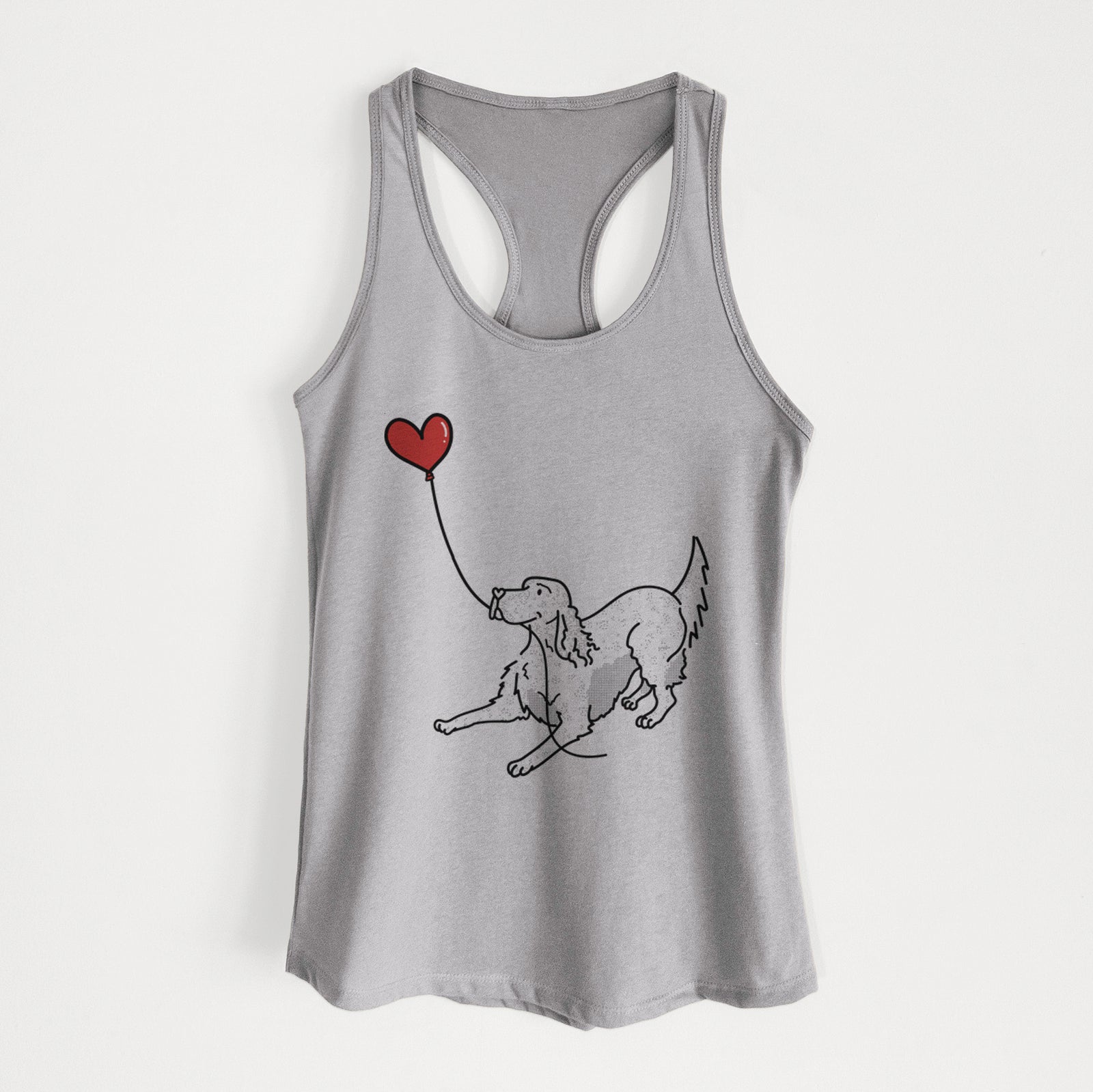 Minimalist line drawing of an English Setter Heart String holding a heart balloon on a Heather Grey Women's racerback tanktop