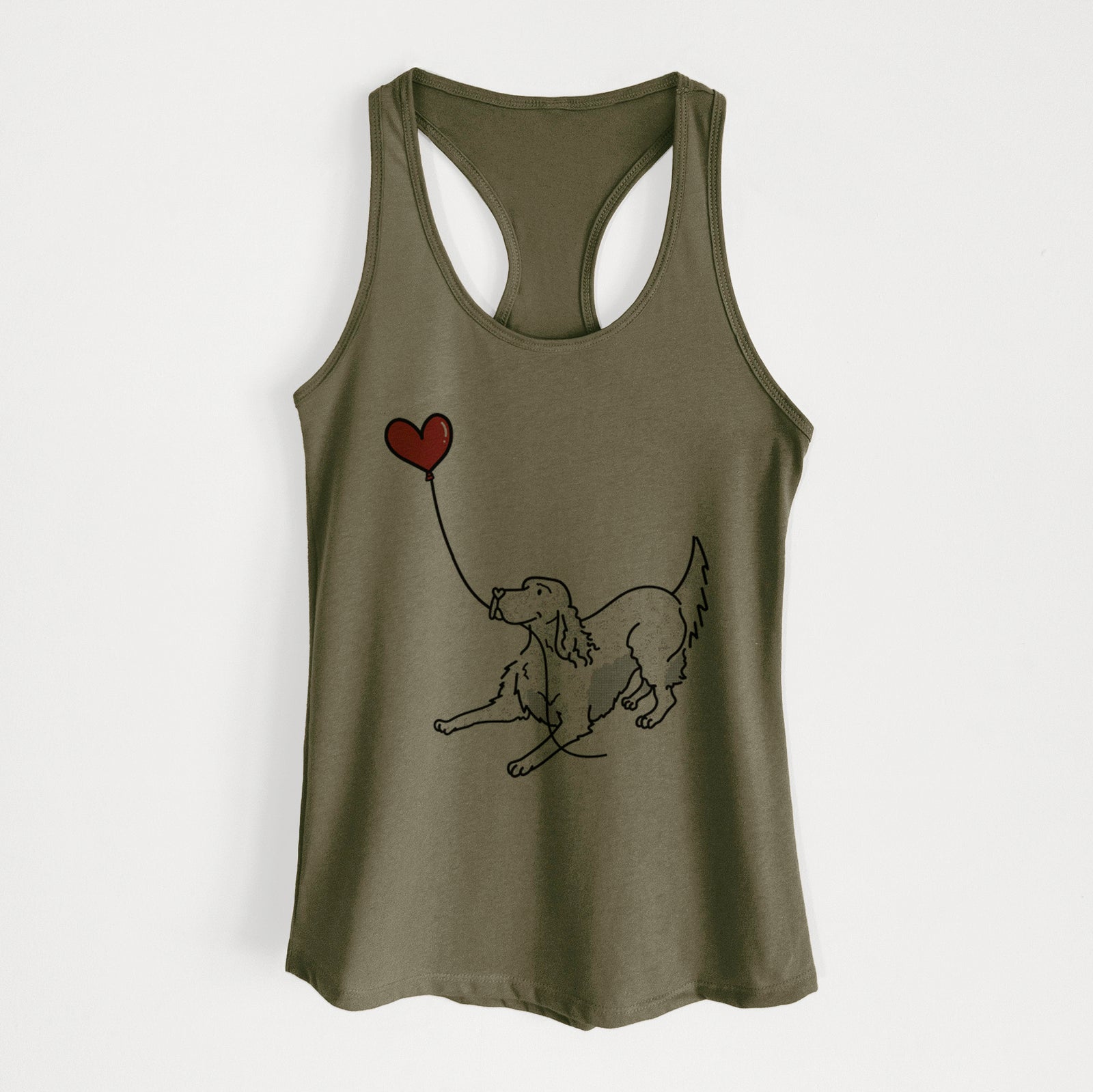 Minimalist line drawing of an English Setter Heart String holding a heart balloon on a Military Green Women's racerback tanktop