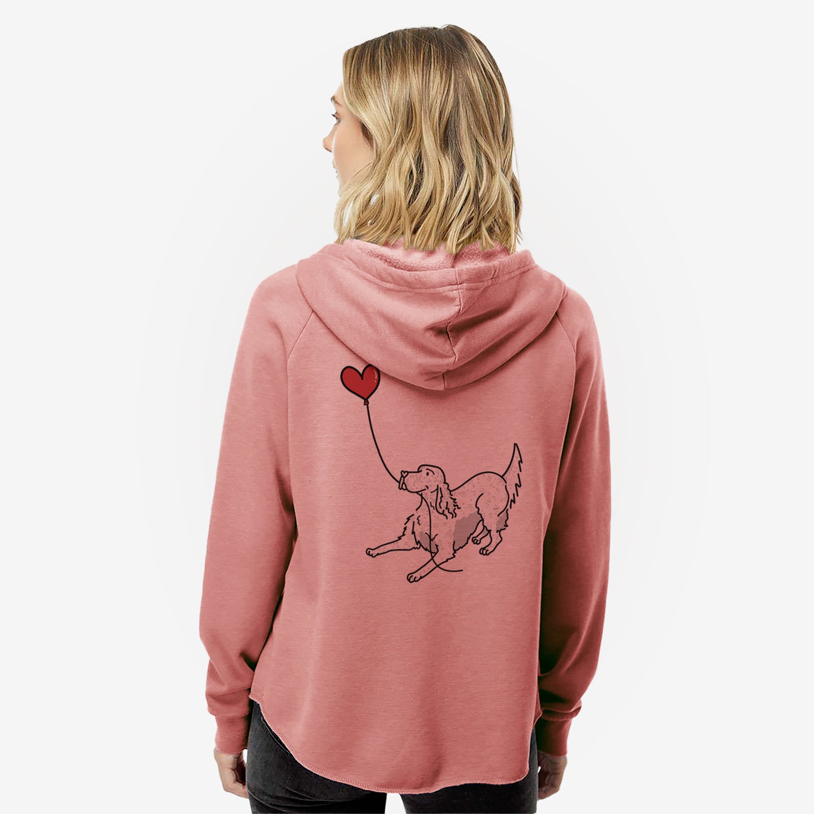 Minimalist line drawing of an English Setter Heart String- Women's Cali Wave Zip-Up Sweatshirt holding a heart balloon on a Dusty Rose Cali Wave Zipup Sweatshirt
