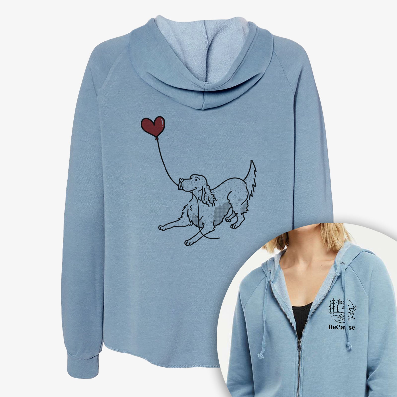 Minimalist line drawing of an English Setter Heart String- Women's Cali Wave Zip-Up Sweatshirt holding a heart balloon on a Cali Wave Zipup Sweatshirt, shown with icons of the other available costume styles