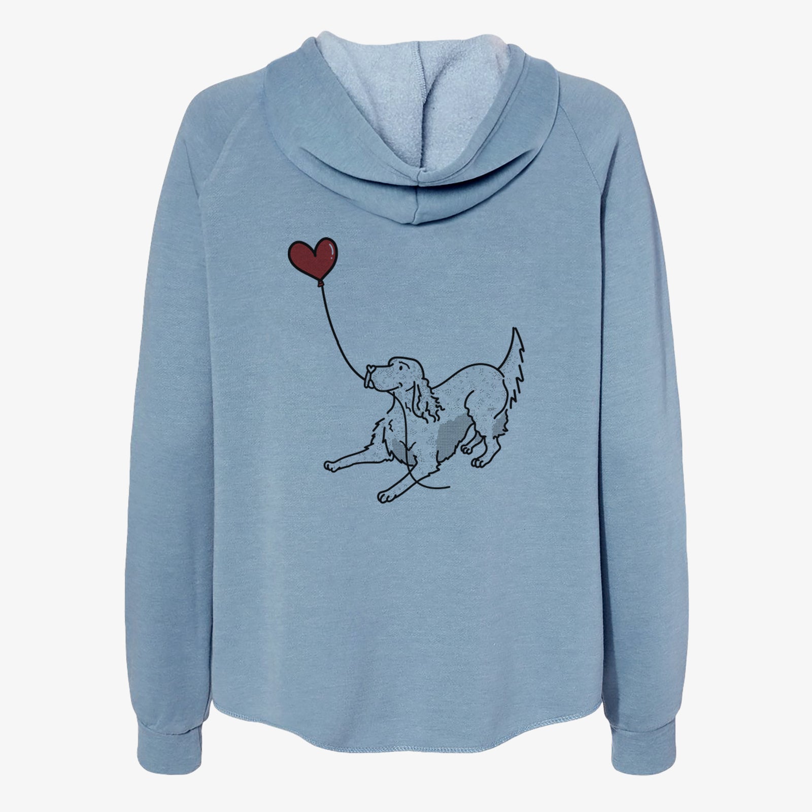Minimalist line drawing of an English Setter Heart String- Women's Cali Wave Zip-Up Sweatshirt holding a heart balloon on a Misty Blue Cali Wave Zipup Sweatshirt