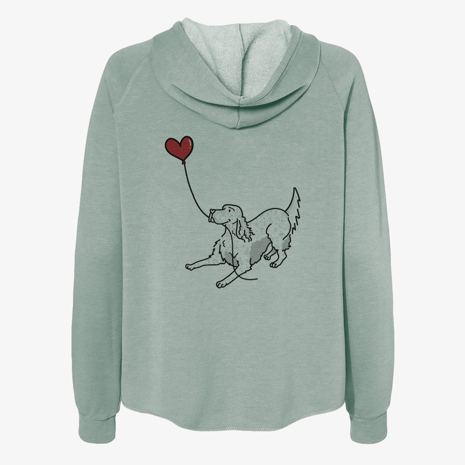 Minimalist line drawing of an English Setter Heart String- Women's Cali Wave Zip-Up Sweatshirt holding a heart balloon on a Sage Cali Wave Zipup Sweatshirt