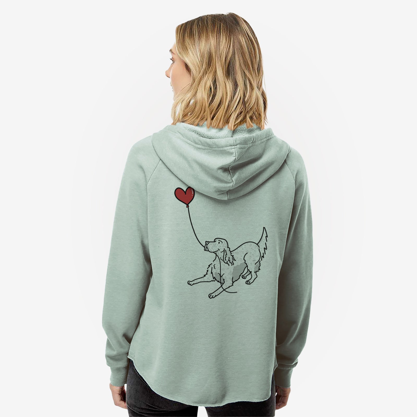Minimalist line drawing of an English Setter Heart String- Women's Cali Wave Zip-Up Sweatshirt holding a heart balloon on a Sage Cali Wave Zipup Sweatshirt
