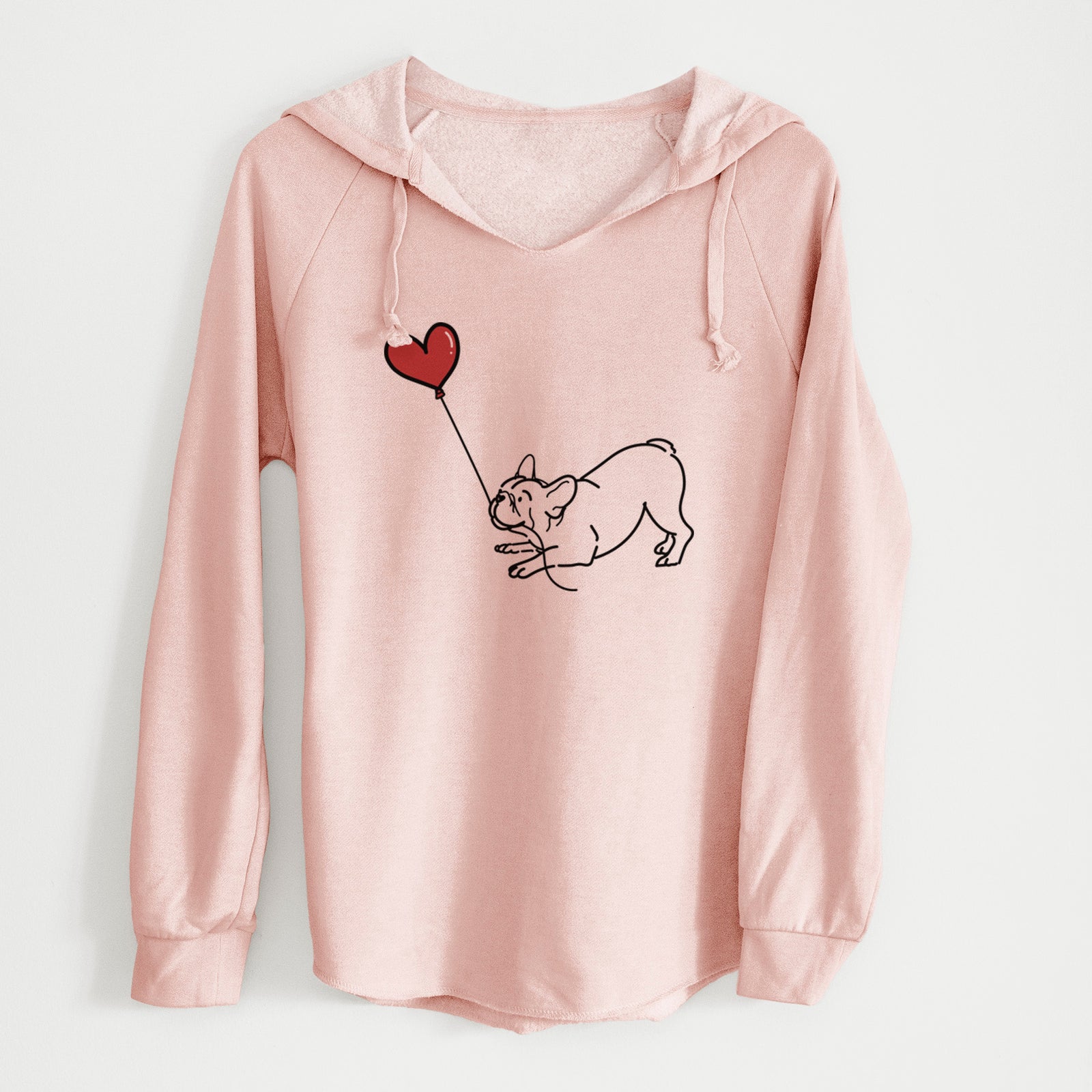 Minimalist line drawing of a Frenchie Heart String holding a heart balloon on a Blush Cali Wave Hooded Sweatshirt