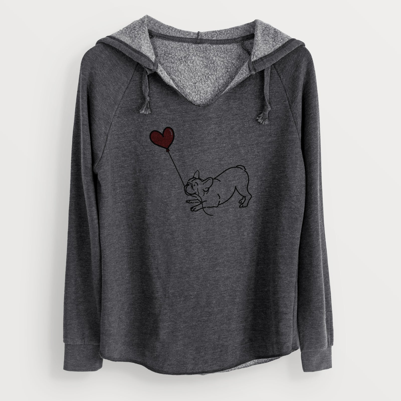 Minimalist line drawing of a Frenchie Heart String holding a heart balloon on a Charcoal Cali Wave Hooded Sweatshirt