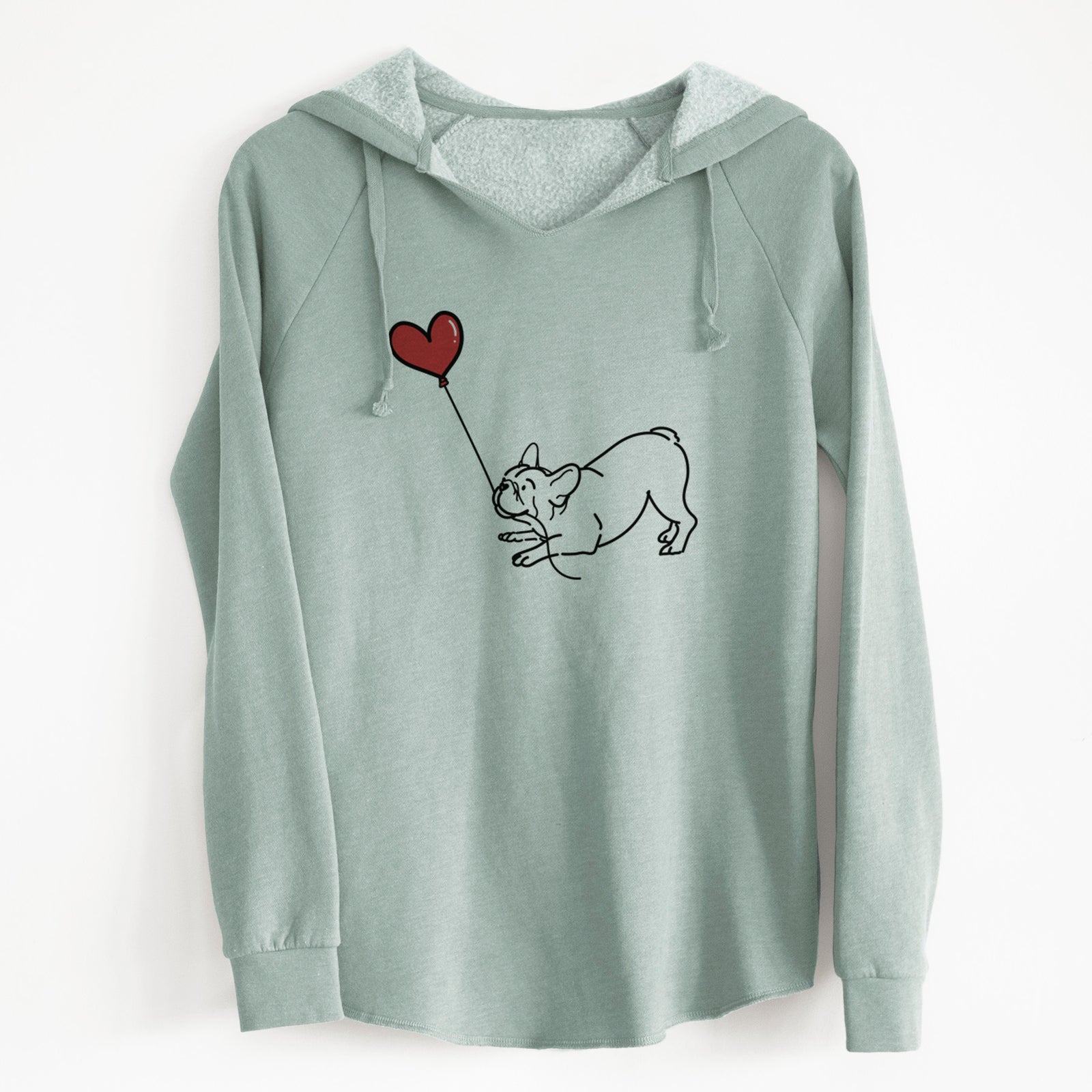 Minimalist line drawing of a Frenchie Heart String holding a heart balloon on a Sage Cali Wave Hooded Sweatshirt