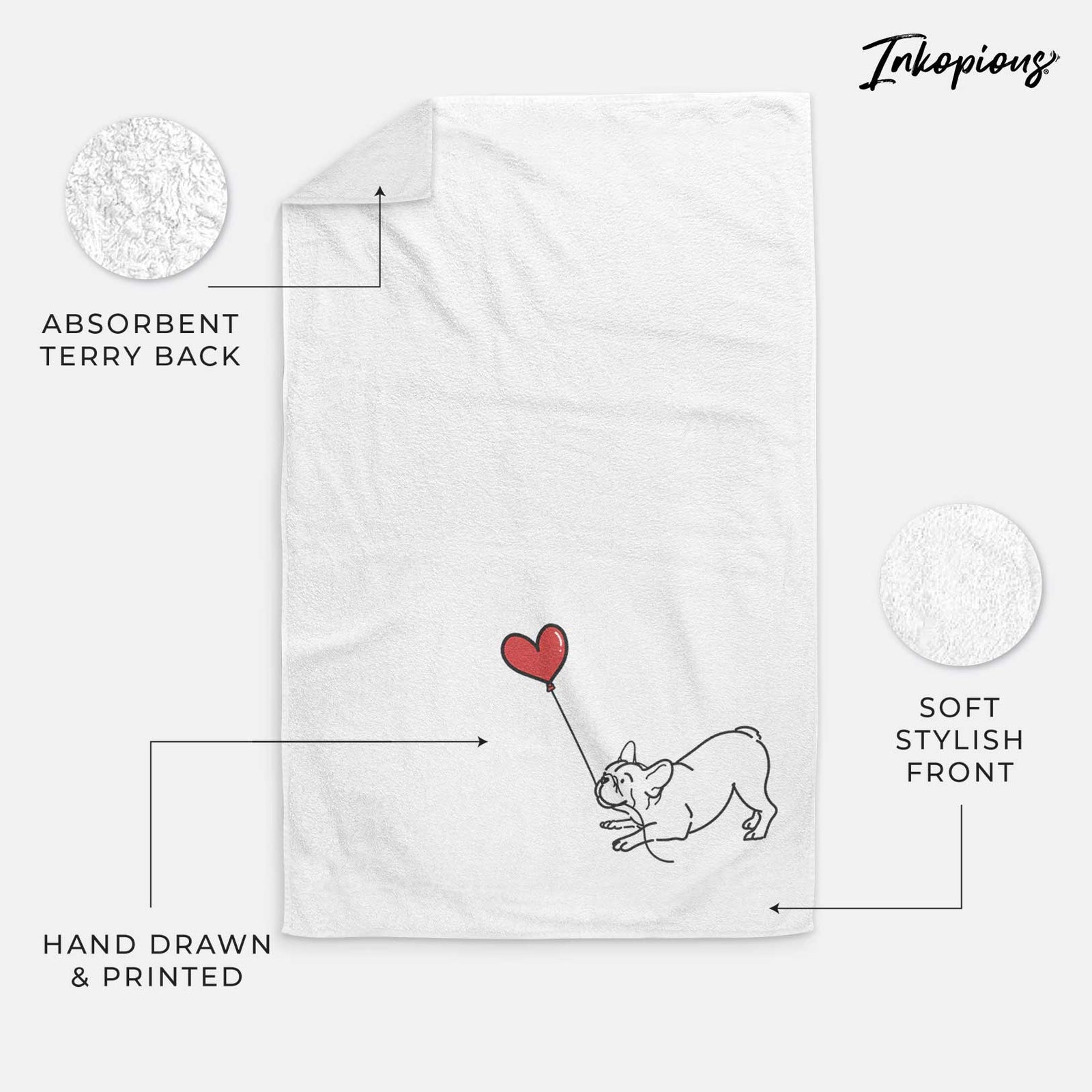 Minimalist line drawing of a Frenchie Heart String holding a heart balloon on a decorative hand towel