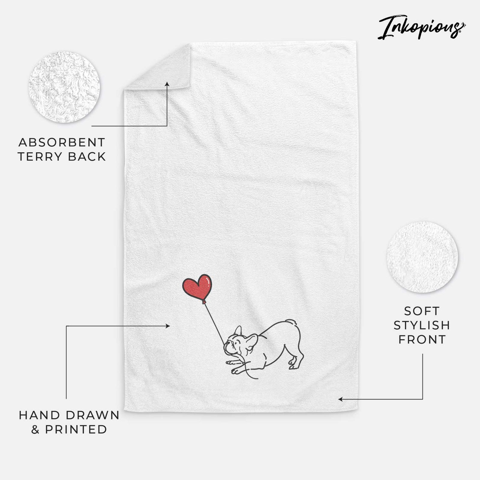 Minimalist line drawing of a Frenchie Heart String holding a heart balloon on a decorative hand towel