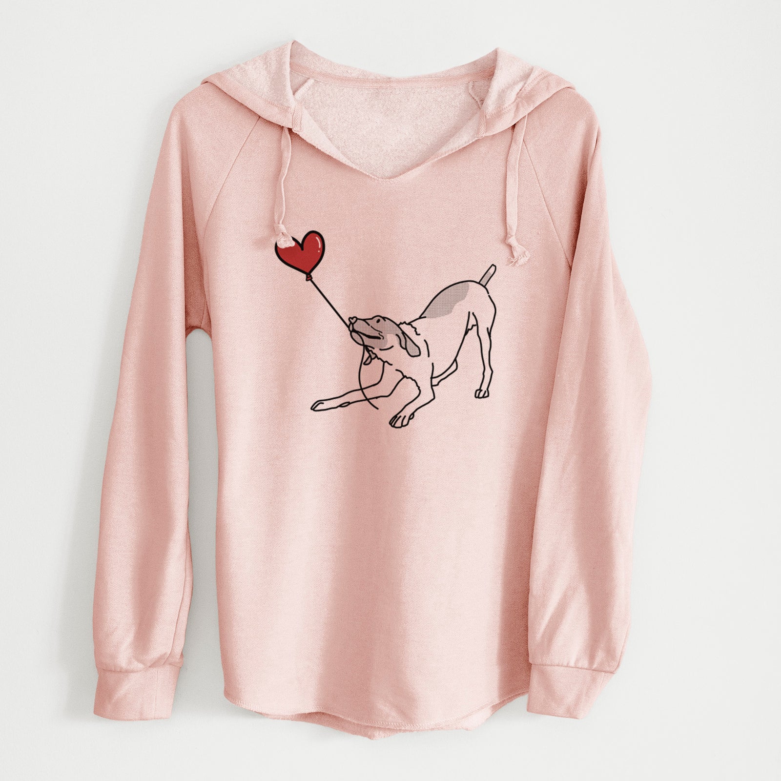 Minimalist line drawing of a German Shorthaired Pointer Heart String holding a heart balloon on a Blush Cali Wave Hooded Sweatshirt