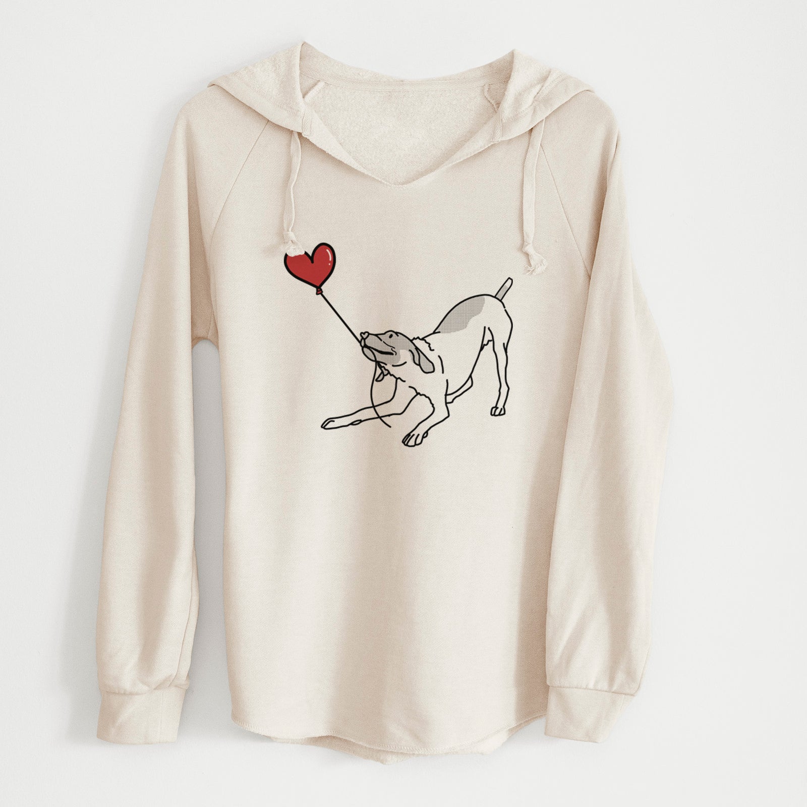 Minimalist line drawing of a German Shorthaired Pointer Heart String holding a heart balloon on a Bone Cali Wave Hooded Sweatshirt
