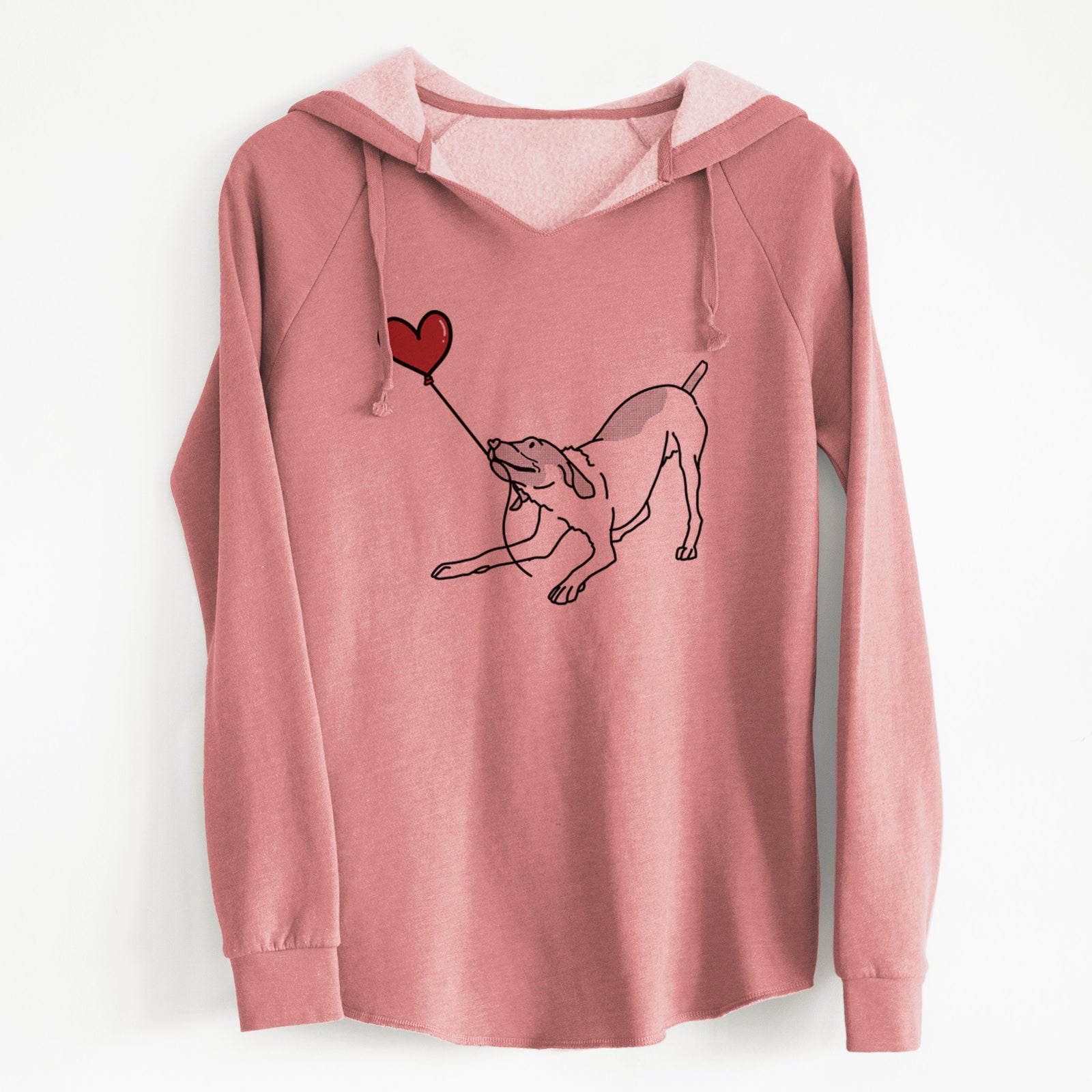 Minimalist line drawing of a German Shorthaired Pointer Heart String holding a heart balloon on a Dusty Rose Cali Wave Hooded Sweatshirt