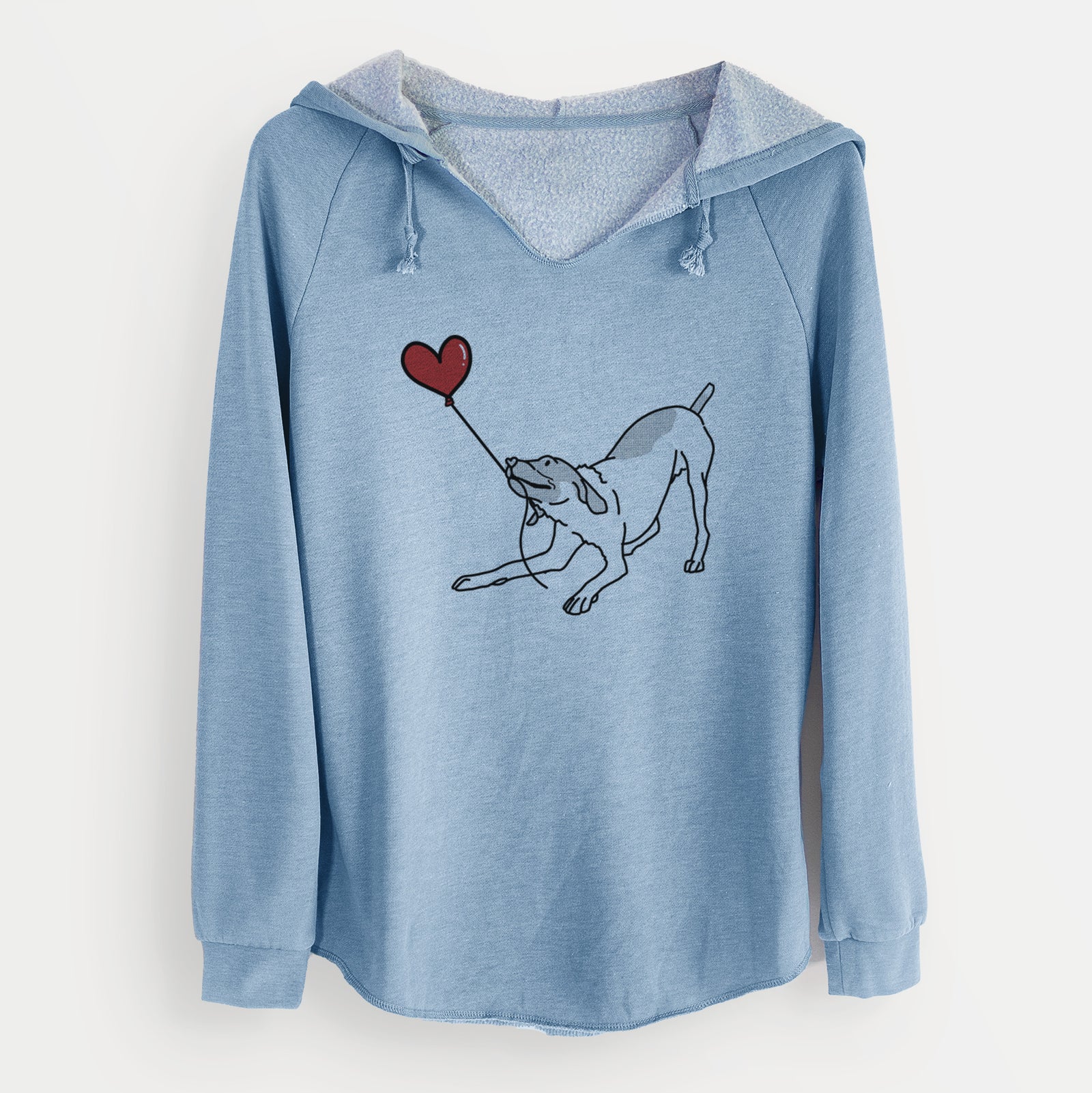 Minimalist line drawing of a German Shorthaired Pointer Heart String holding a heart balloon on a Misty Blue Cali Wave Hooded Sweatshirt