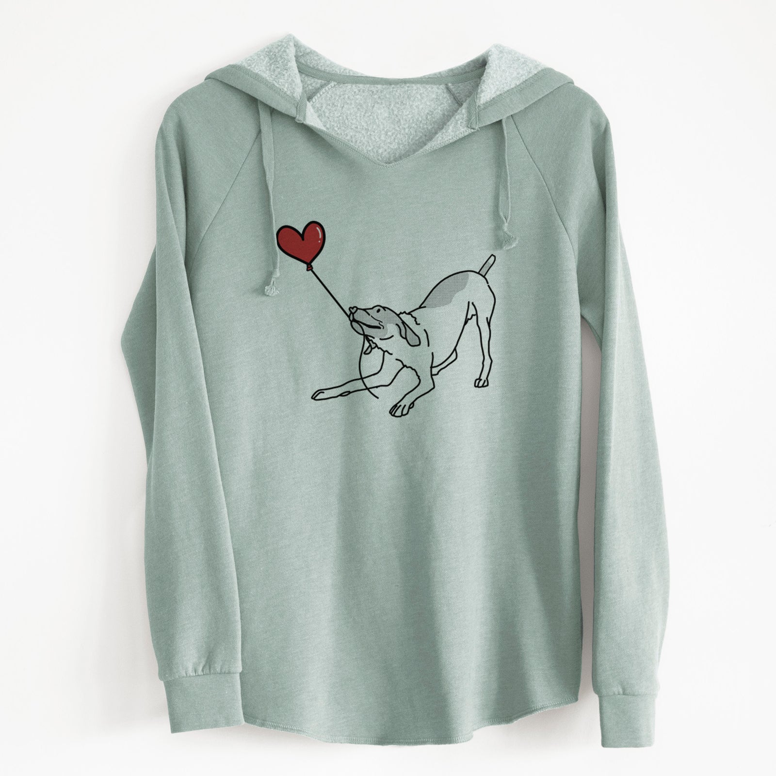 Minimalist line drawing of a German Shorthaired Pointer Heart String holding a heart balloon on a Sage Cali Wave Hooded Sweatshirt
