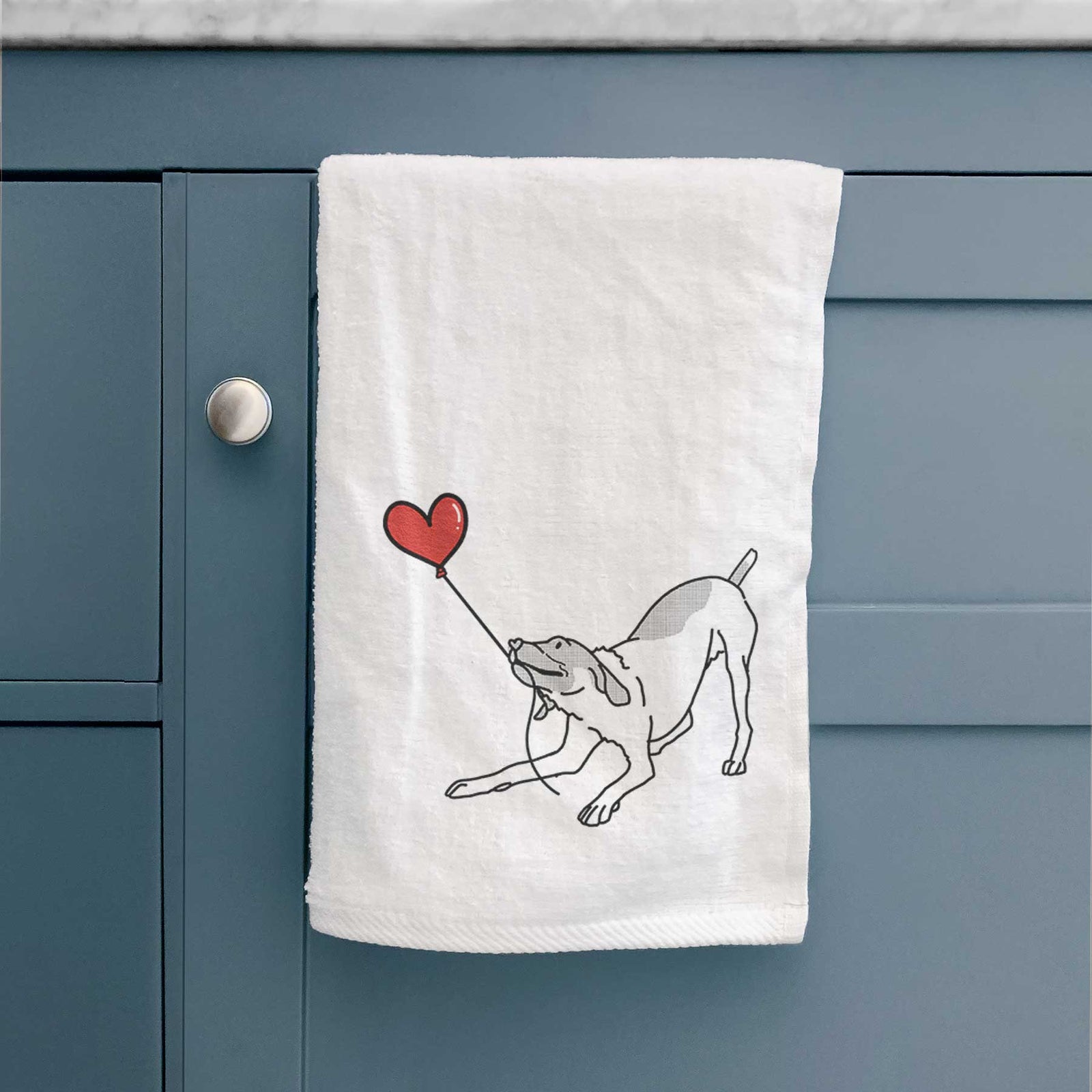 Minimalist line drawing of a German Shorthaired Pointer Heart String holding a heart balloon on a decorative hand towel