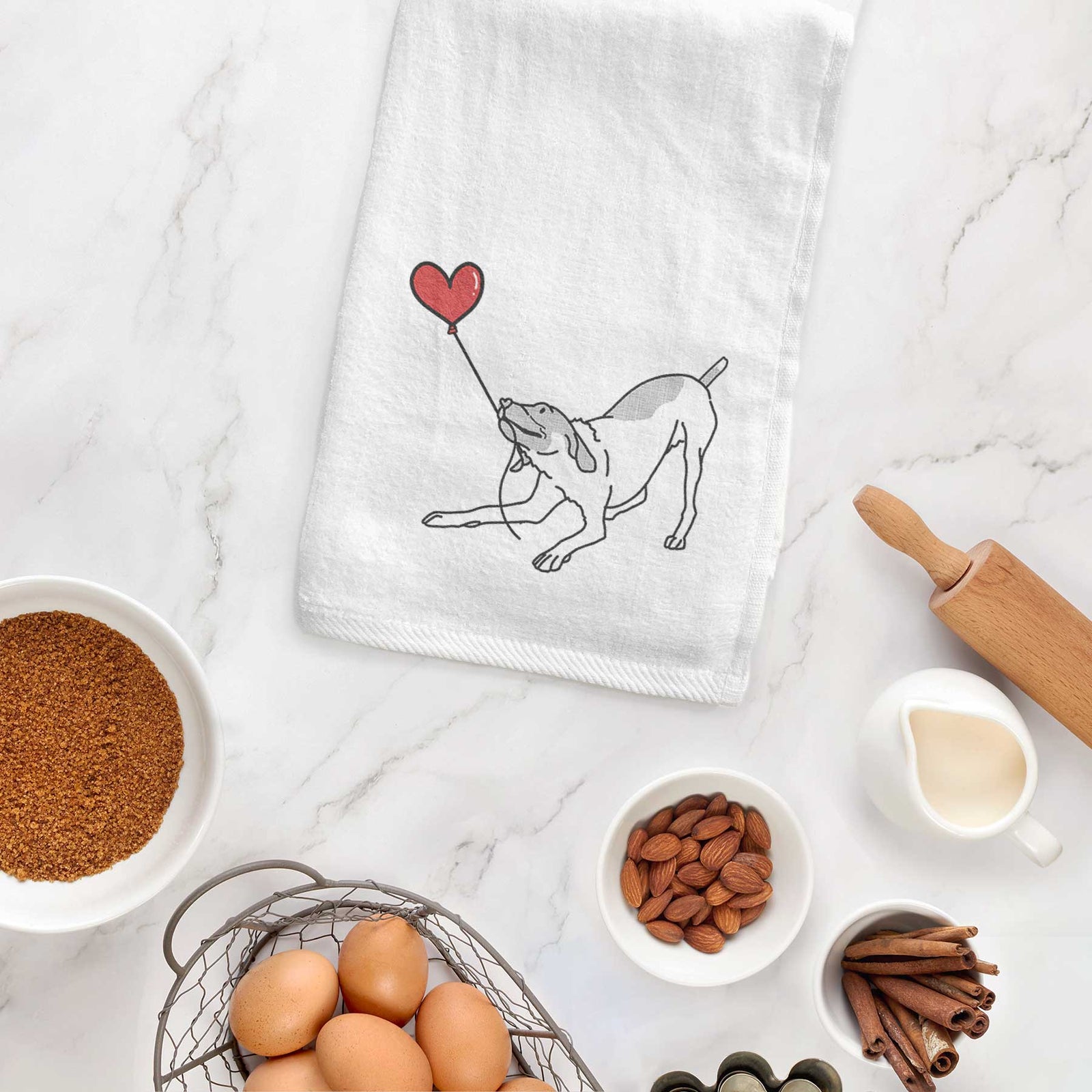 Minimalist line drawing of a German Shorthaired Pointer Heart String holding a heart balloon on a decorative hand towel