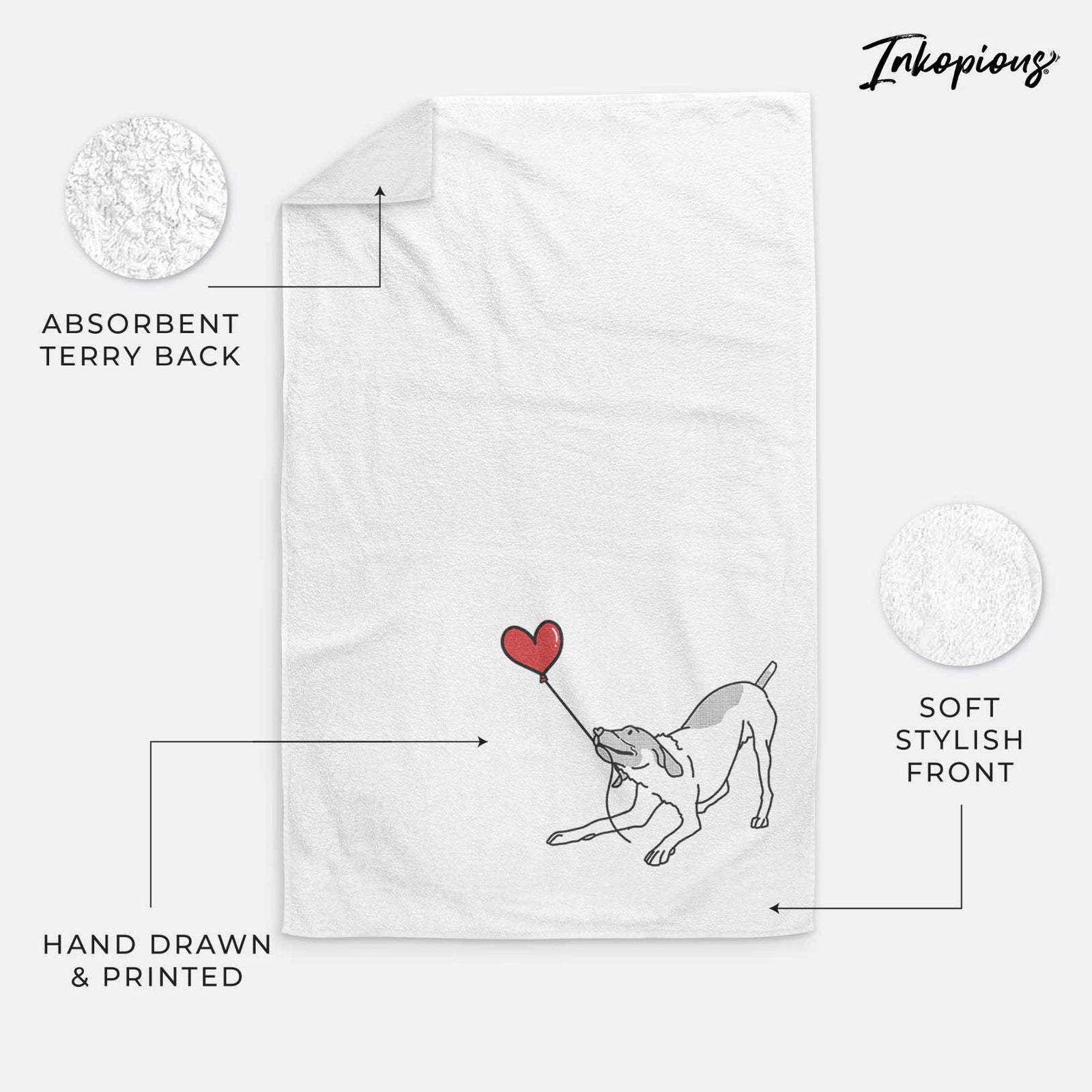 Minimalist line drawing of a German Shorthaired Pointer Heart String holding a heart balloon on a decorative hand towel
