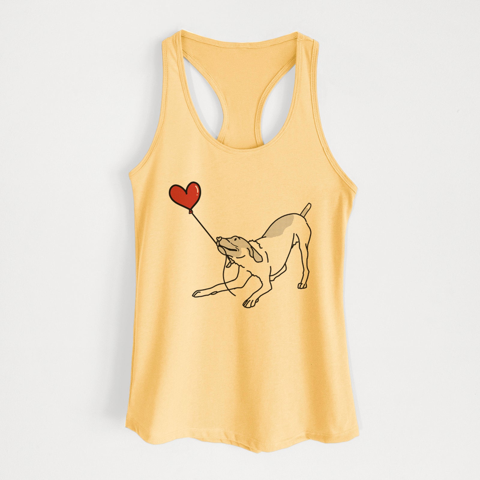 Minimalist line drawing of a German Shorthaired Pointer Heart String holding a heart balloon on a Banana Cream Women's racerback tanktop