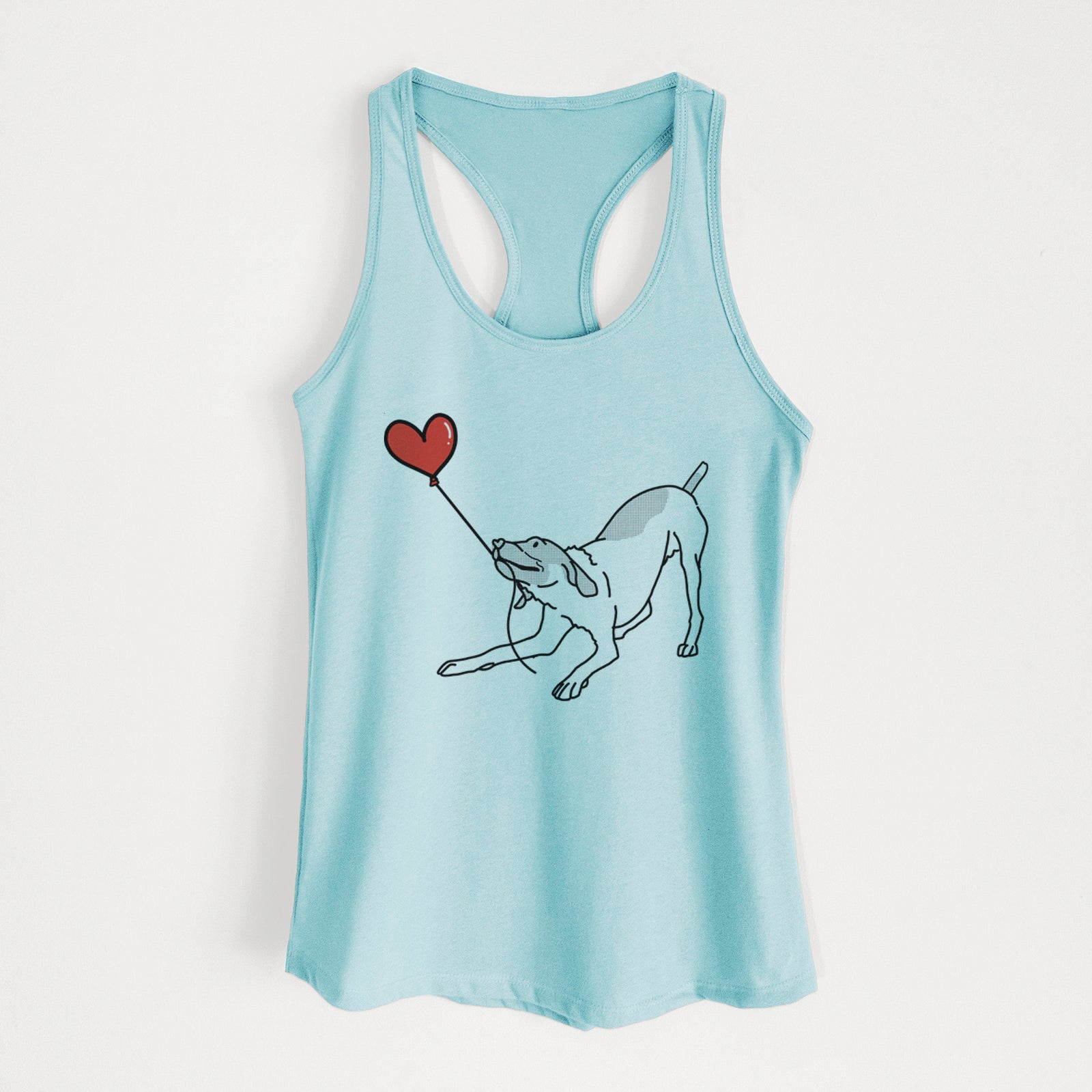 Minimalist line drawing of a German Shorthaired Pointer Heart String holding a heart balloon on a Cancun Blue Women's racerback tanktop