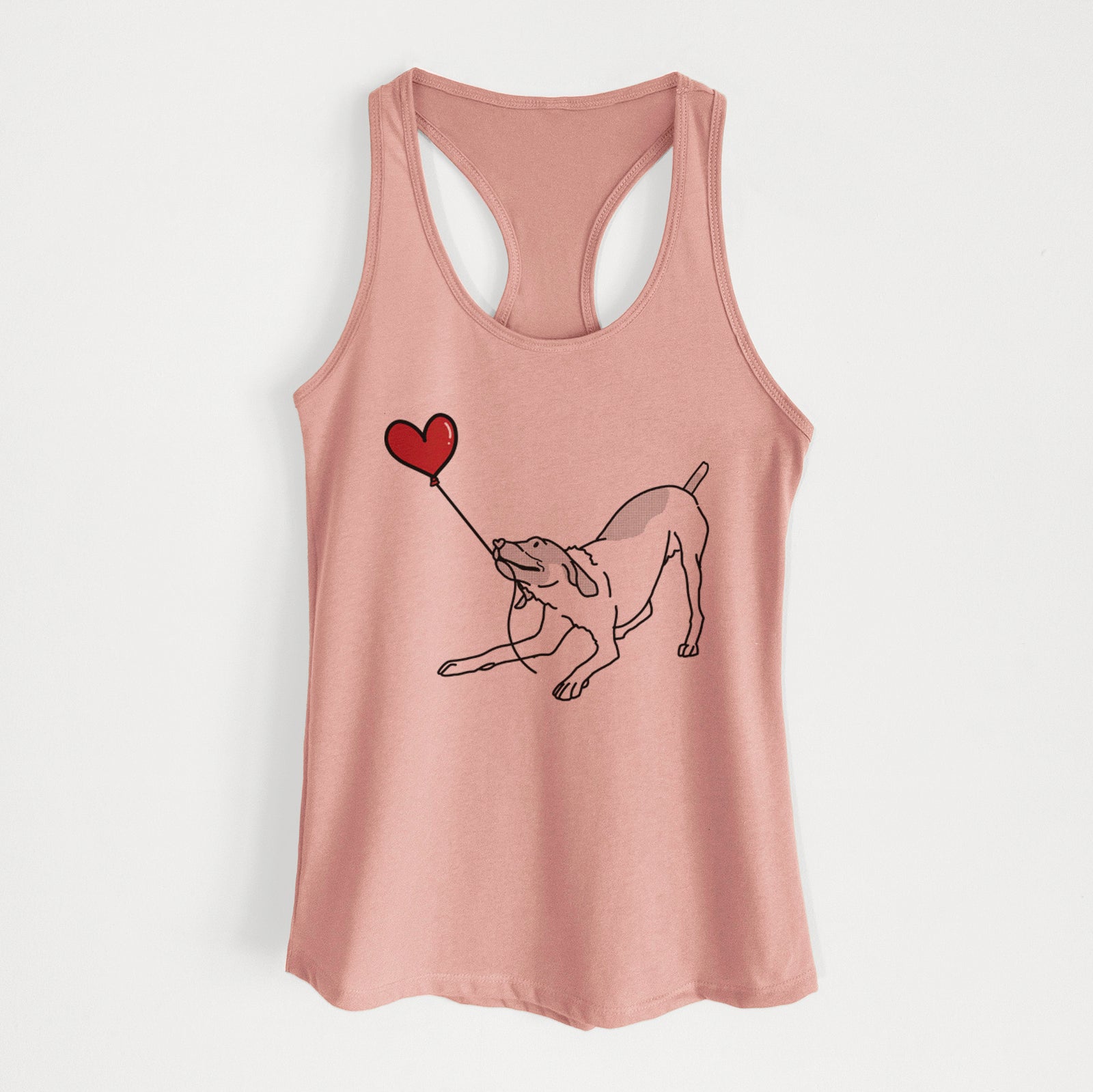 Minimalist line drawing of a German Shorthaired Pointer Heart String holding a heart balloon on a Desert Pink Women's racerback tanktop