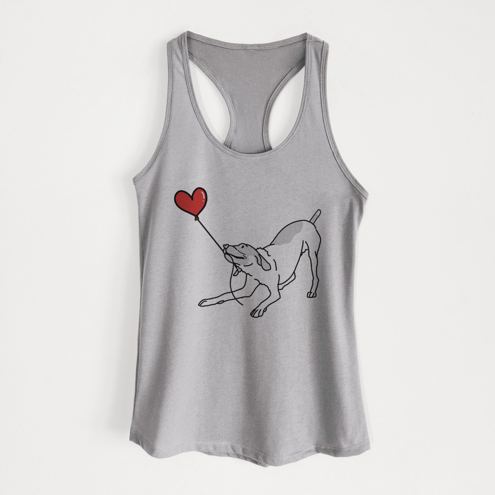 Minimalist line drawing of a German Shorthaired Pointer Heart String holding a heart balloon on a Heather Grey Women's racerback tanktop