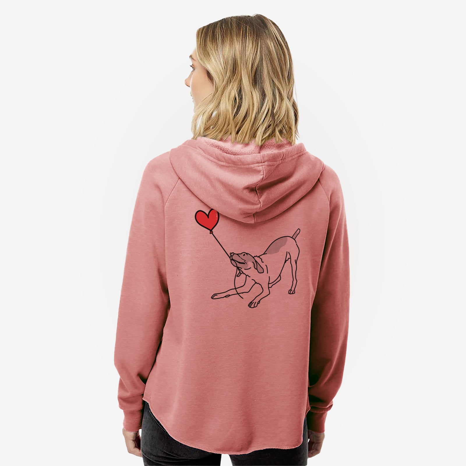Minimalist line drawing of a German Shorthaired Pointer Heart String- Women's Cali Wave Zip-Up Sweatshirt holding a heart balloon on a Dusty Rose Cali Wave Zipup Sweatshirt