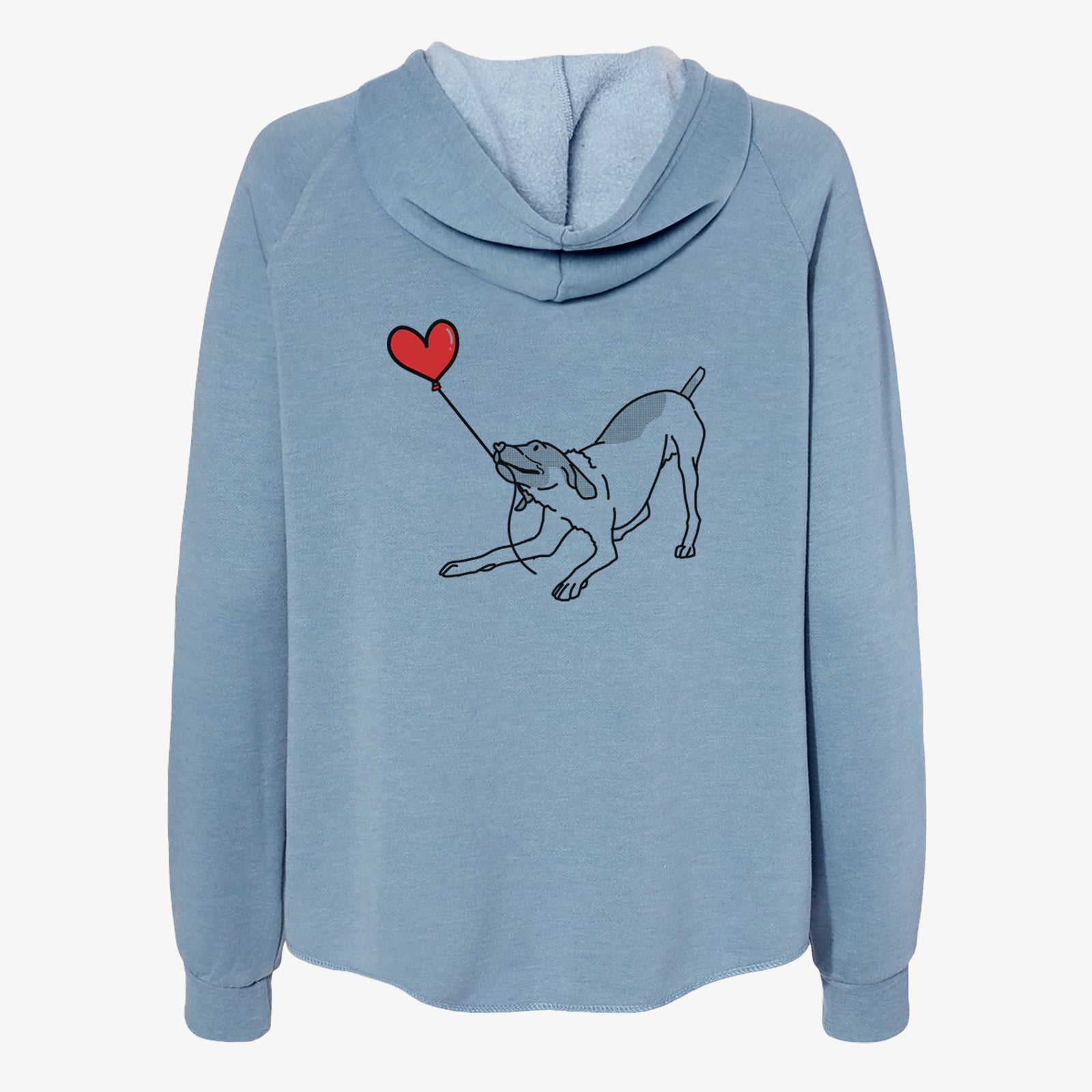 Minimalist line drawing of a German Shorthaired Pointer Heart String- Women's Cali Wave Zip-Up Sweatshirt holding a heart balloon on a Misty Blue Cali Wave Zipup Sweatshirt