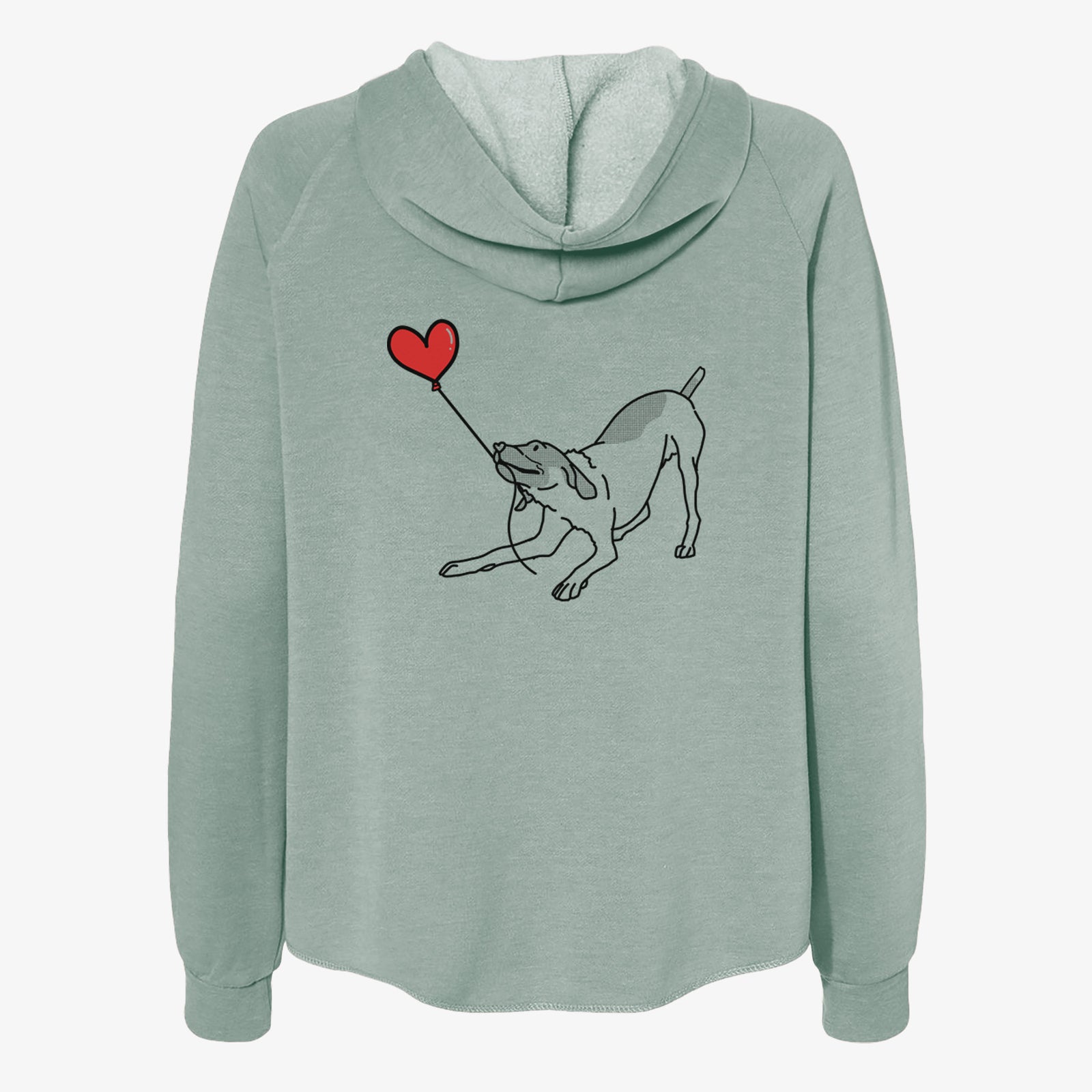 Minimalist line drawing of a German Shorthaired Pointer Heart String- Women's Cali Wave Zip-Up Sweatshirt holding a heart balloon on a Sage Cali Wave Zipup Sweatshirt