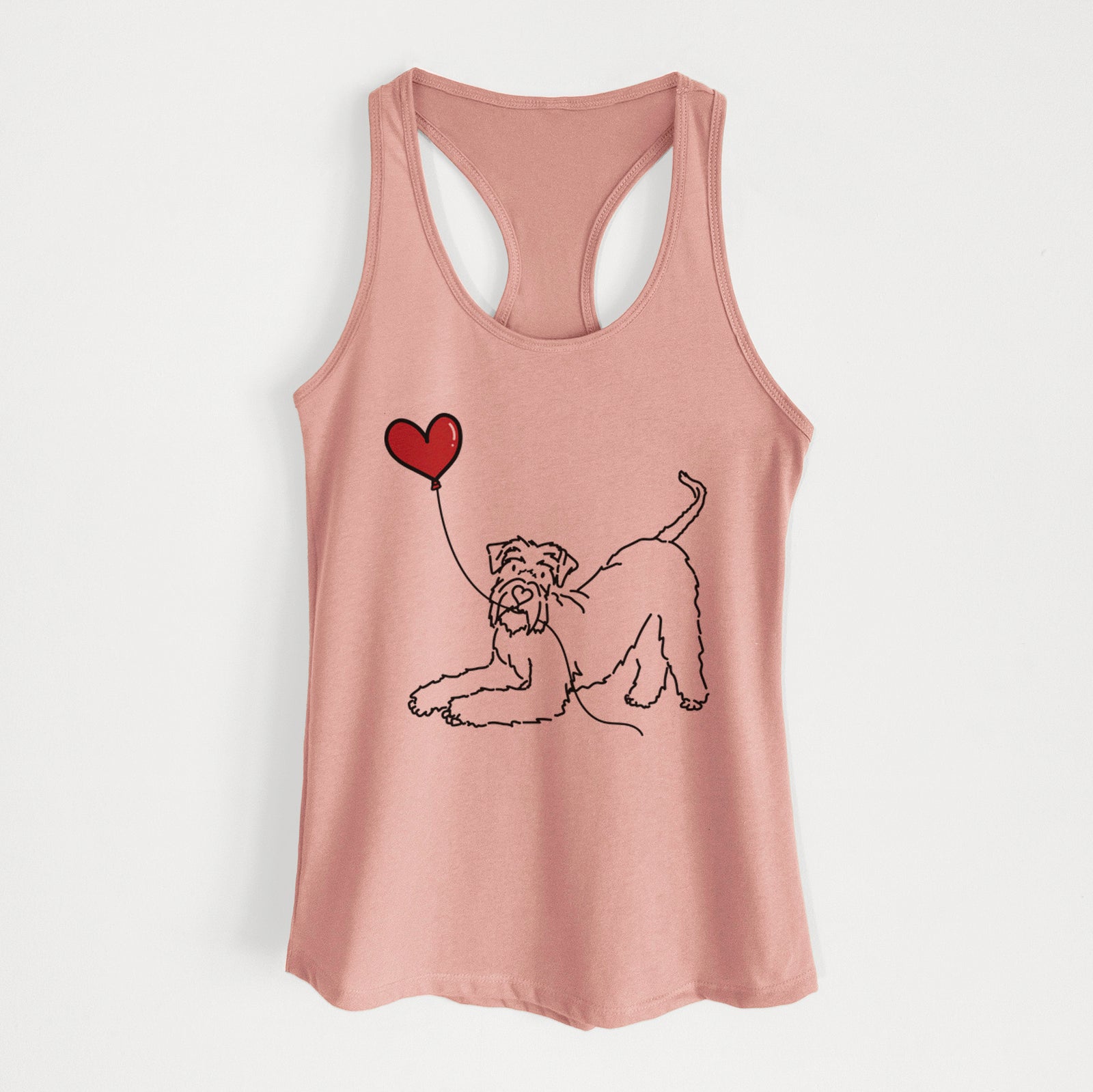 Minimalist line drawing of a Giant Schnauzer Heart String holding a heart balloon on a Desert Pink Women's racerback tanktop