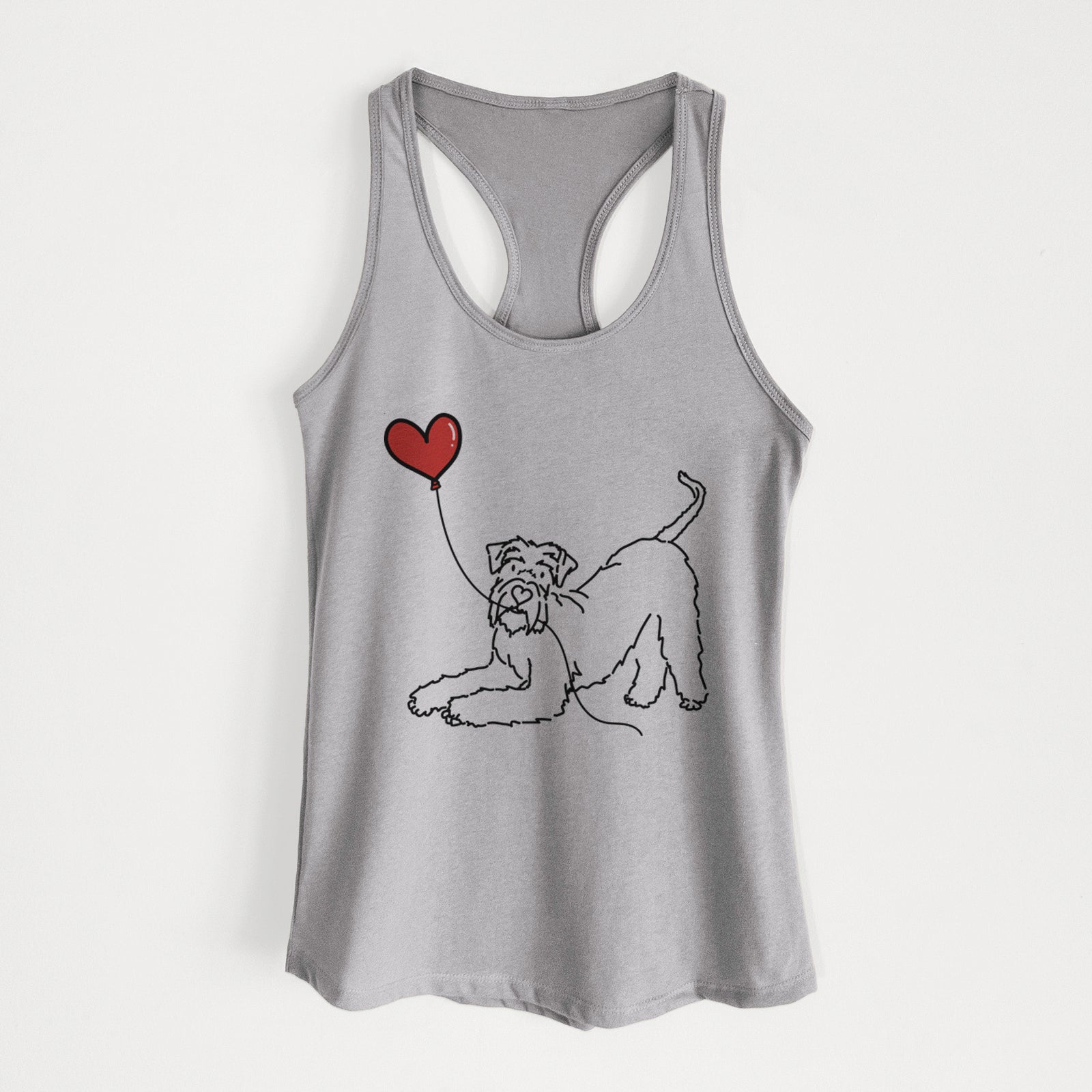 Minimalist line drawing of a Giant Schnauzer Heart String holding a heart balloon on a Heather Grey Women's racerback tanktop