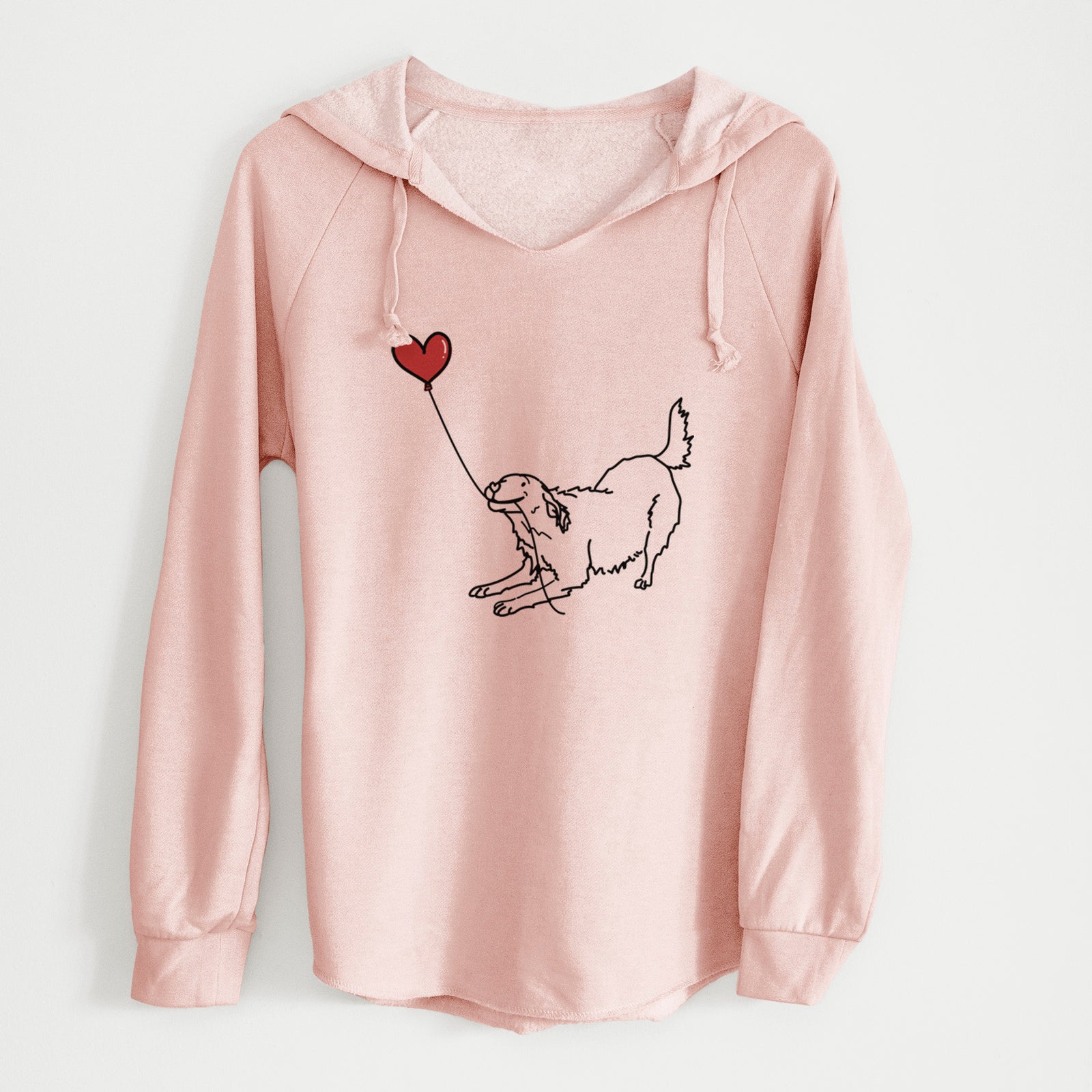 Minimalist line drawing of a Golden Retriever Heart String holding a heart balloon on a Blush Cali Wave Hooded Sweatshirt