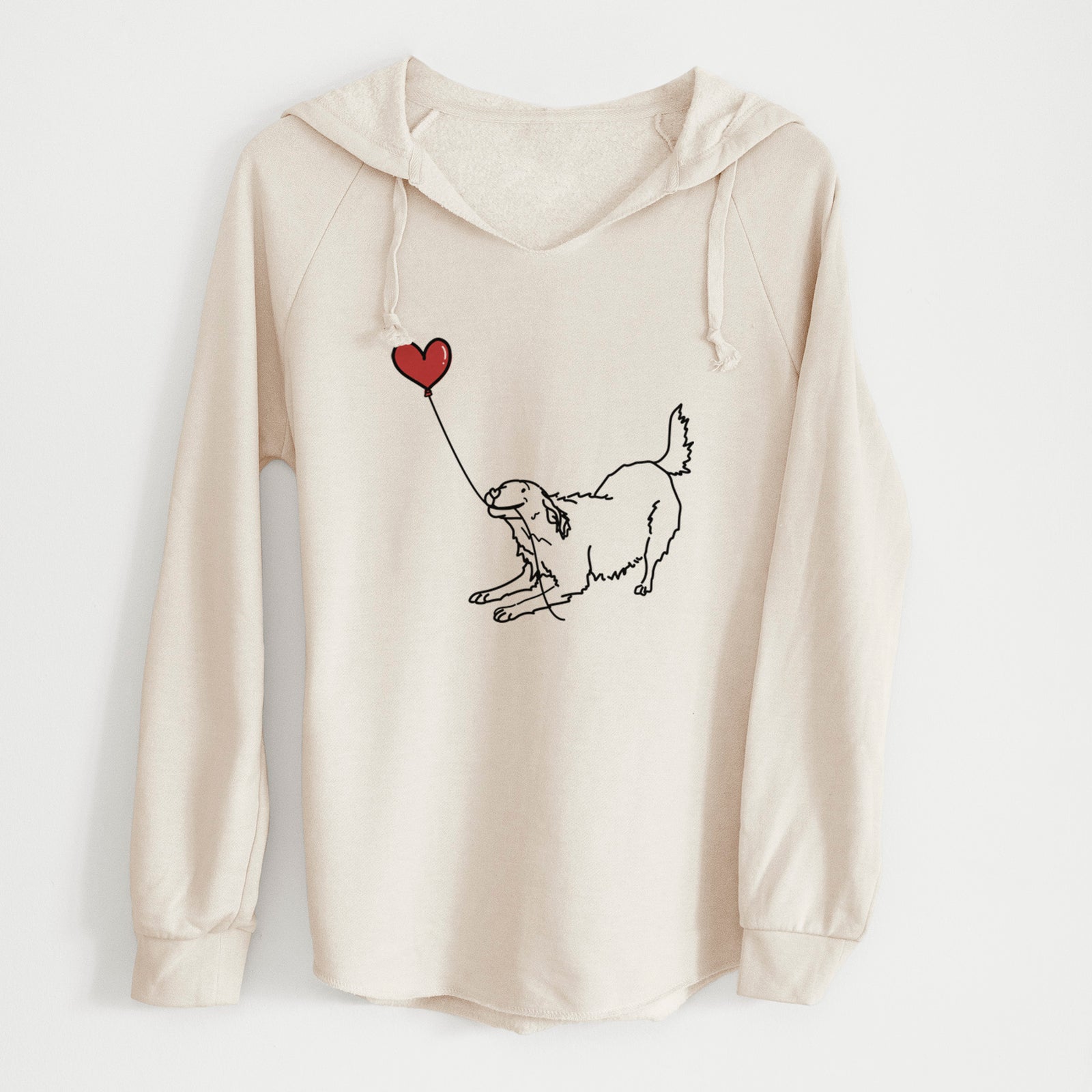 Minimalist line drawing of a Golden Retriever Heart String holding a heart balloon on a Bone Cali Wave Hooded Sweatshirt