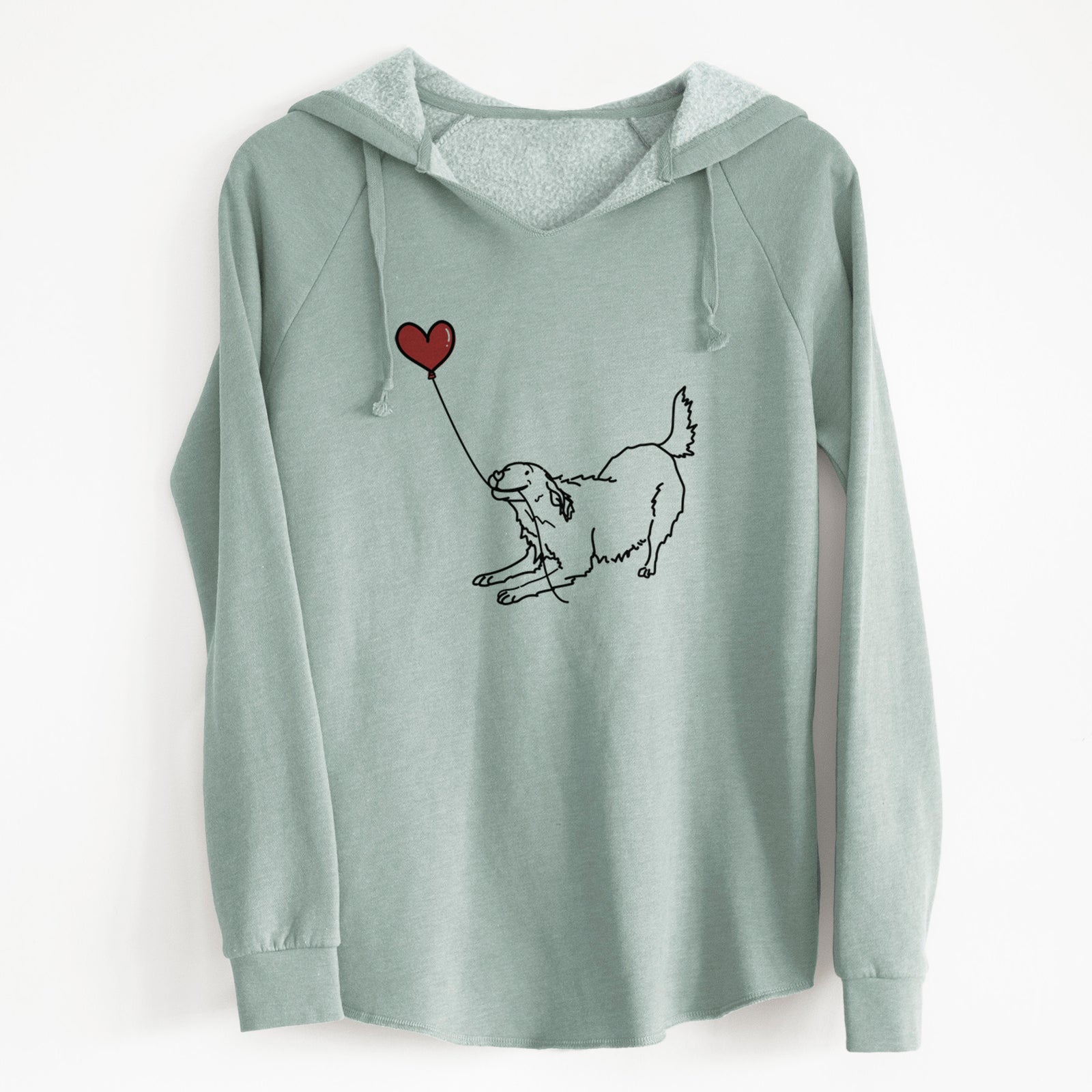 Minimalist line drawing of a Golden Retriever Heart String holding a heart balloon on a Sage Cali Wave Hooded Sweatshirt