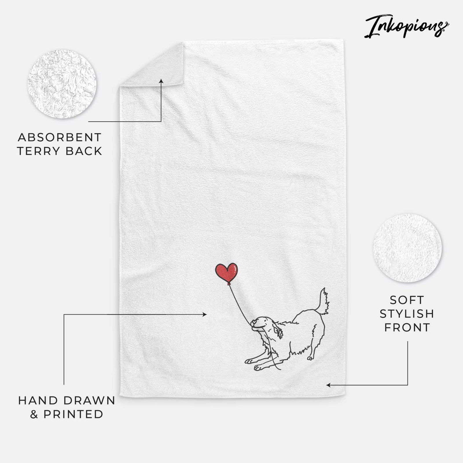 Minimalist line drawing of a Golden Retriever Heart String holding a heart balloon on a decorative hand towel