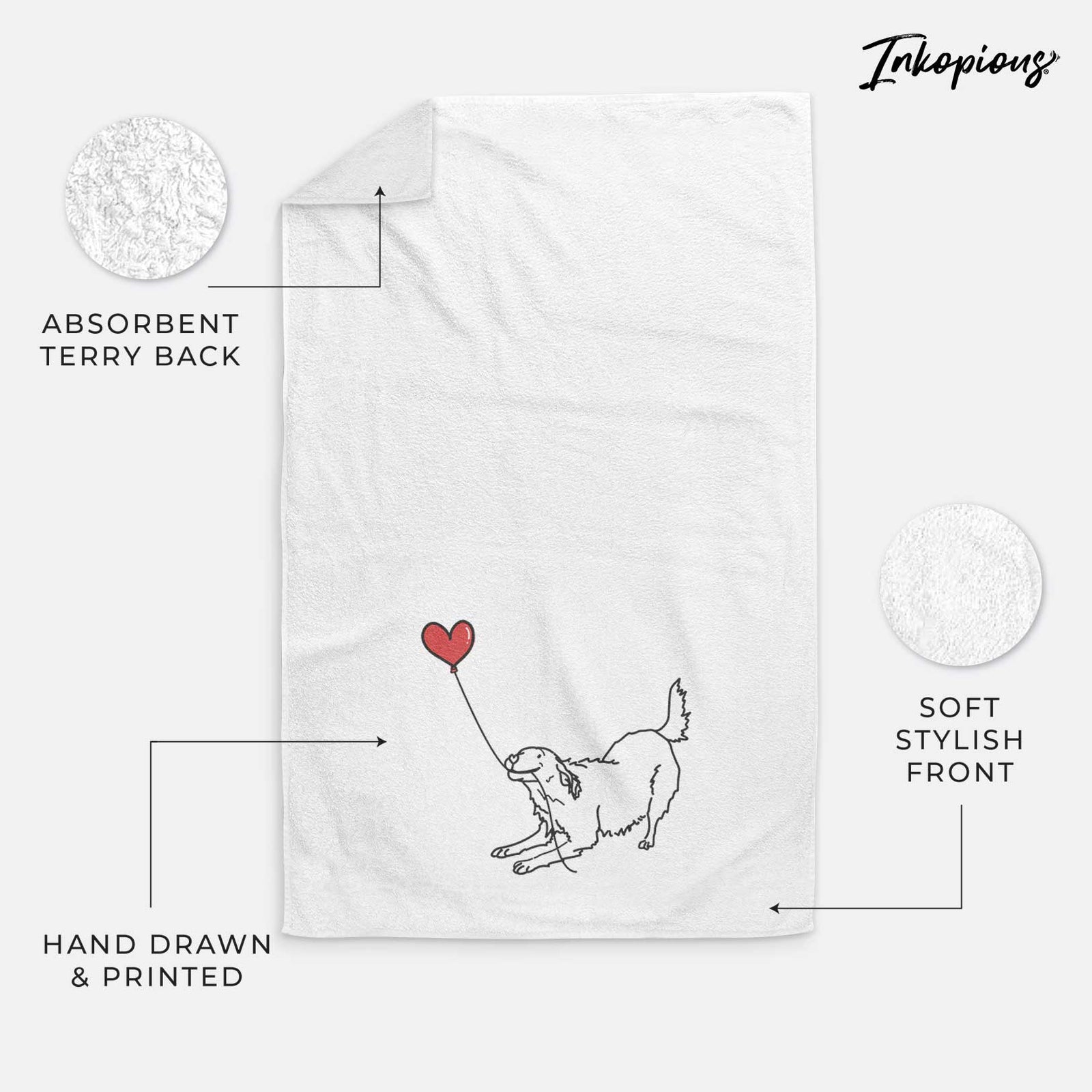 Minimalist line drawing of a Golden Retriever Heart String holding a heart balloon on a decorative hand towel