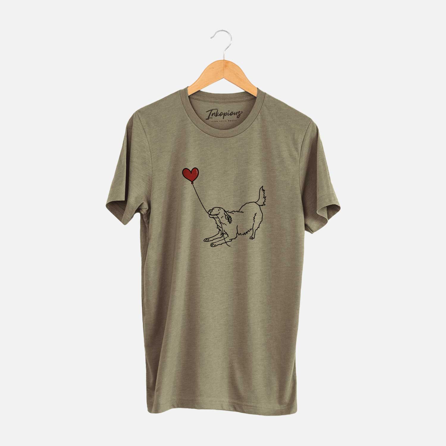 Minimalist line drawing of a Golden Retriever Heart String holding a heart balloon on an Olive Unisex crewneck