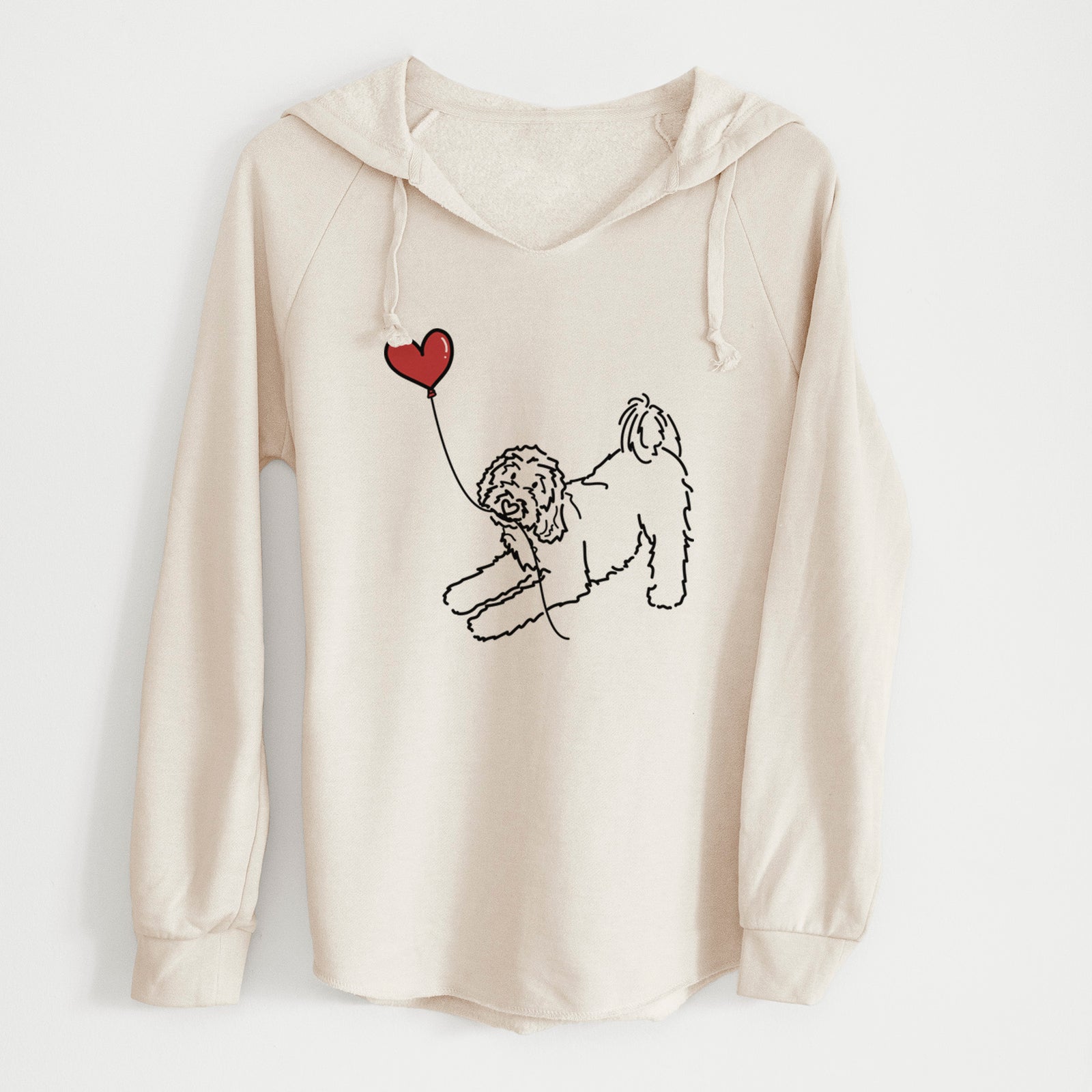 Minimalist line drawing of a Goldendoodle Heart String holding a heart balloon on a Bone Cali Wave Hooded Sweatshirt