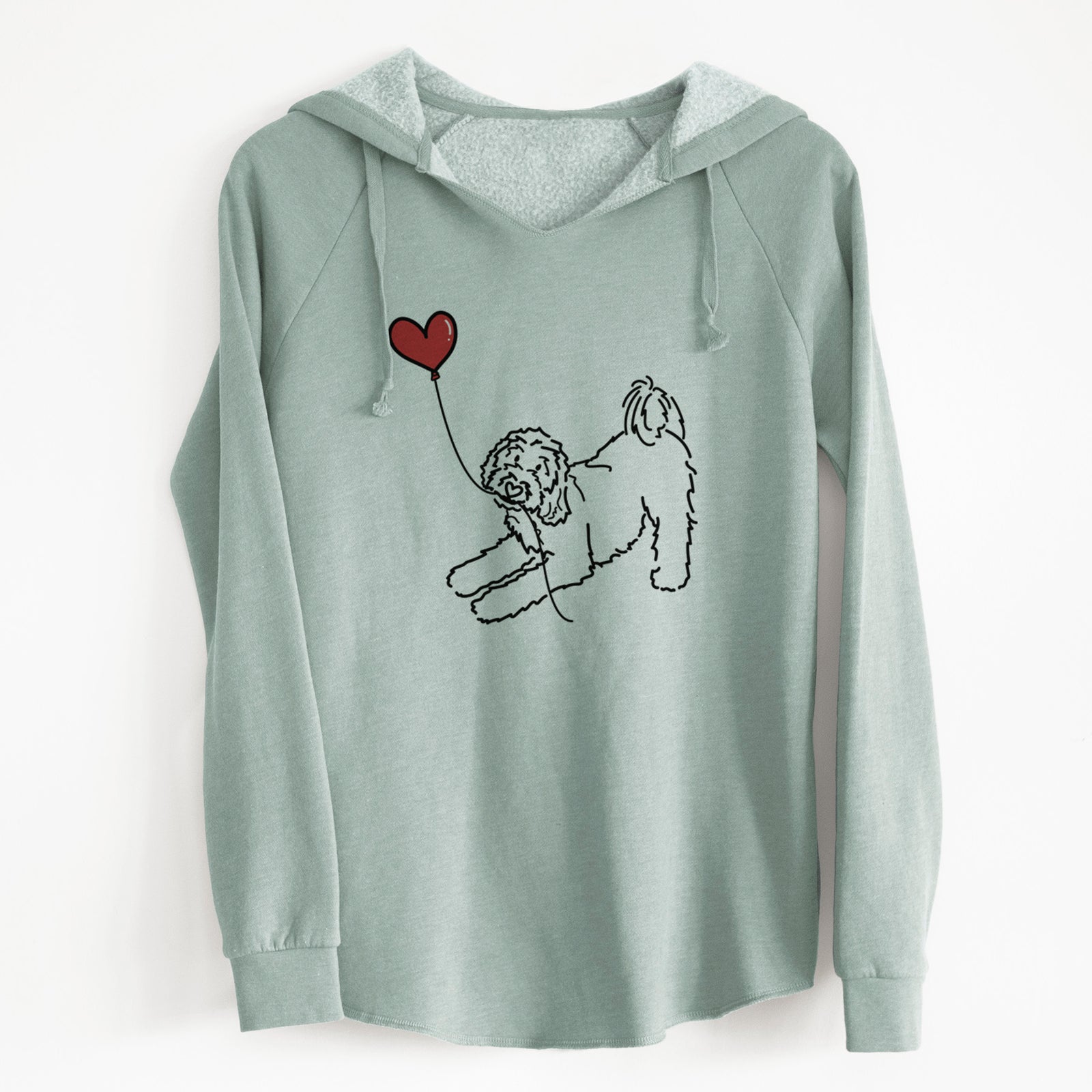 Minimalist line drawing of a Goldendoodle Heart String holding a heart balloon on a Sage Cali Wave Hooded Sweatshirt