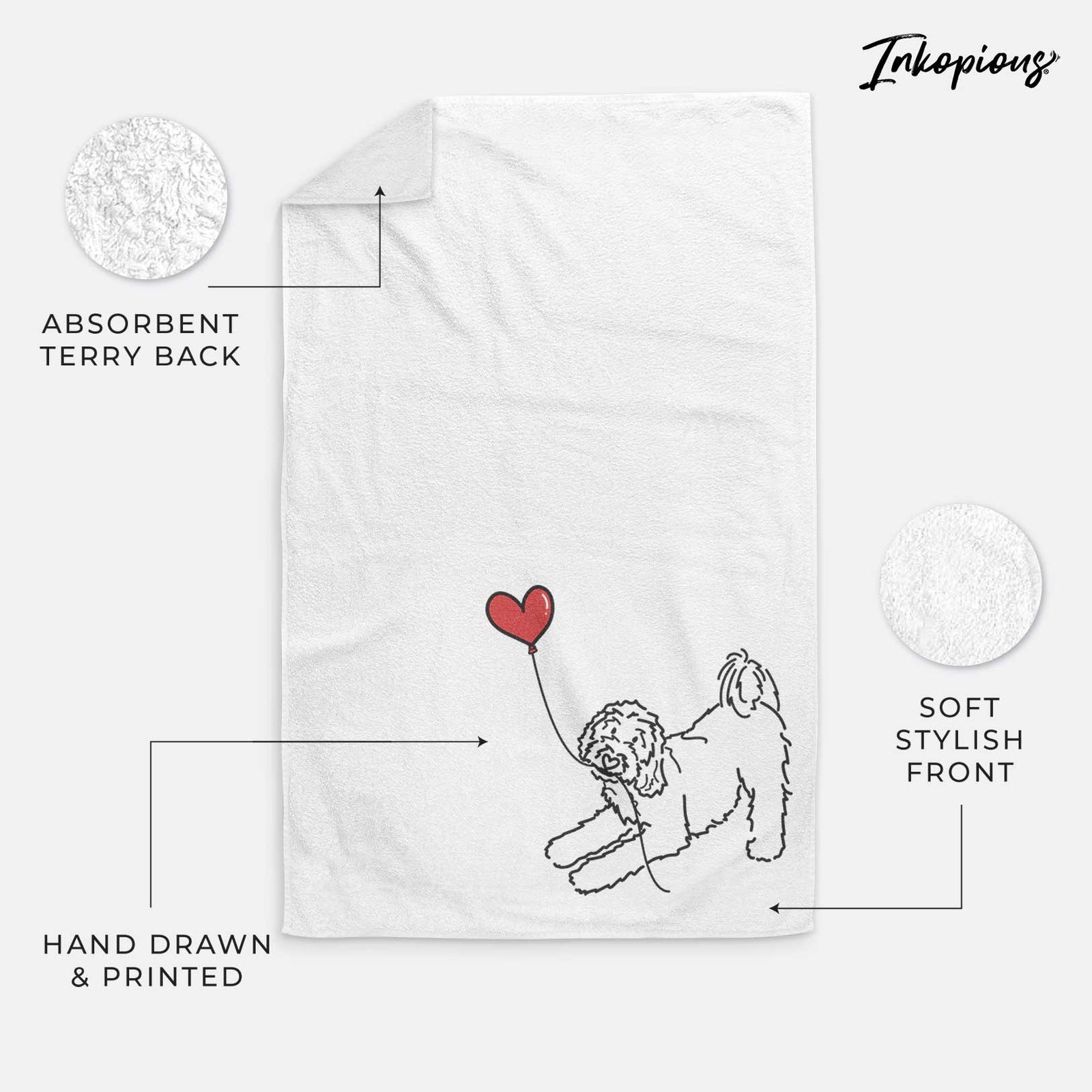 Minimalist line drawing of a Goldendoodle Heart String holding a heart balloon on a decorative hand towel
