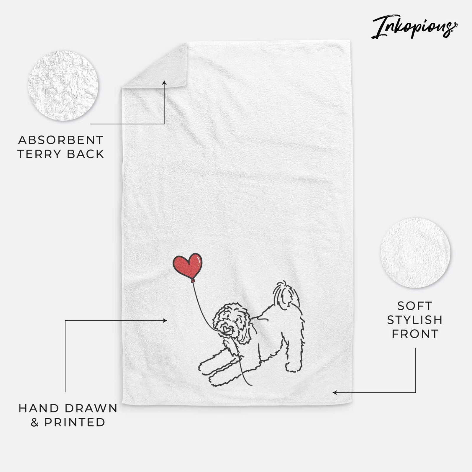 Minimalist line drawing of a Goldendoodle Heart String holding a heart balloon on a decorative hand towel
