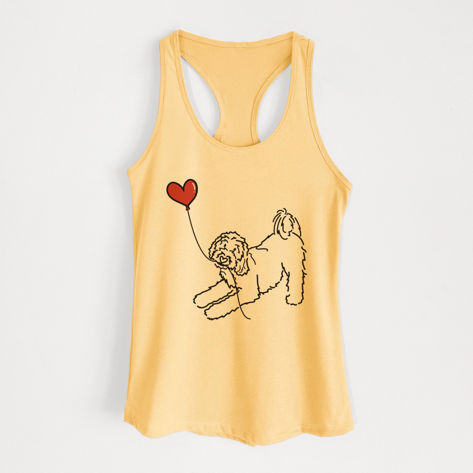 Minimalist line drawing of a Goldendoodle Heart String holding a heart balloon on a Banana Cream Women's racerback tanktop